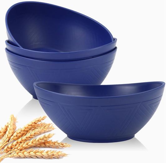 Wheat Straw Oval Serving Bowls, 9.6 Inches, Set of 4 - Dark Blue, 60 OZ Capacity, Microwave and Dishwasher Safe, Perfect for Salads, Popcorn, and Events