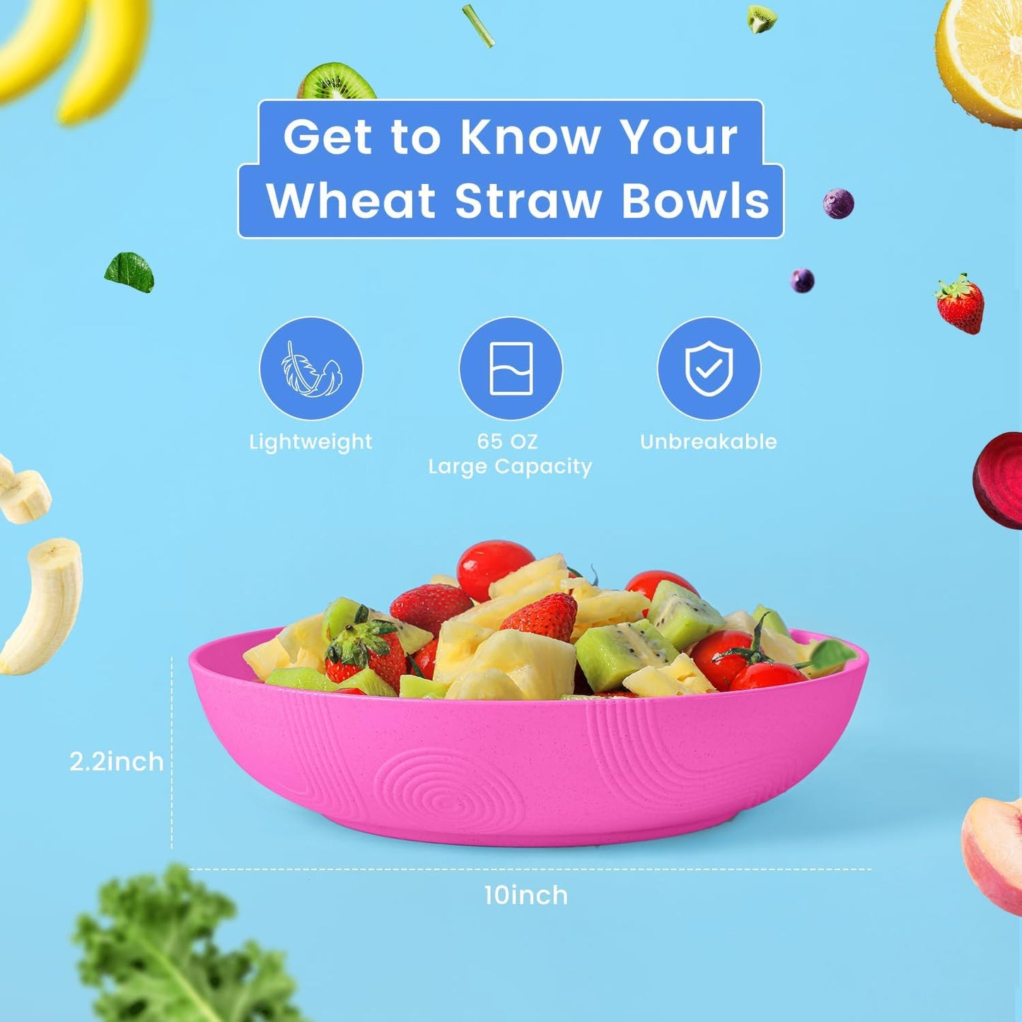 Wheat Straw Large Salad Bowls - 60 OZ Unbreakable Serving Bowls for Kitchen, Camping, and Parties - Microwave and Dishwasher Safe - Lightweight Pink Bowls for Fruits and Salads