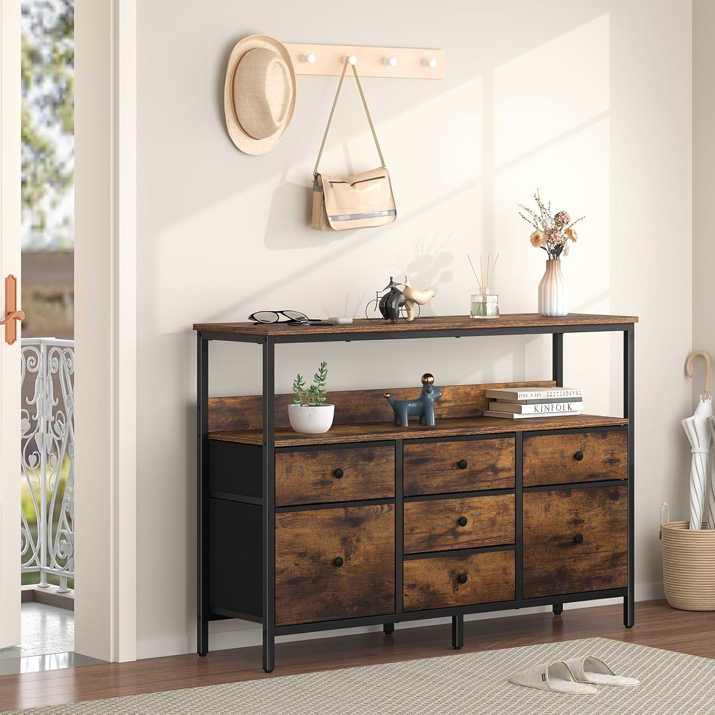 LED TV Stand for Bedroom, 50 Inch Kids Dresser with Power Outlets, 7 Drawers Entertainment Center with Storage Shelf, Living Room Console