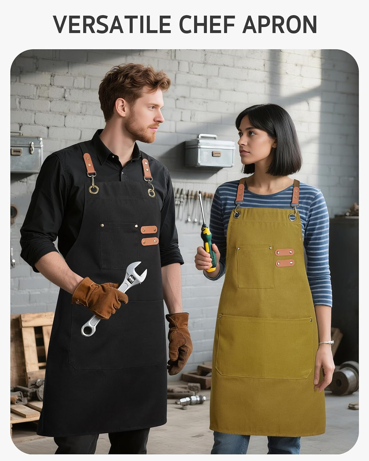 Chef Apron for Men Women with Pockets, Cotton Canvas Adjustable Work Apron Heavy Duty