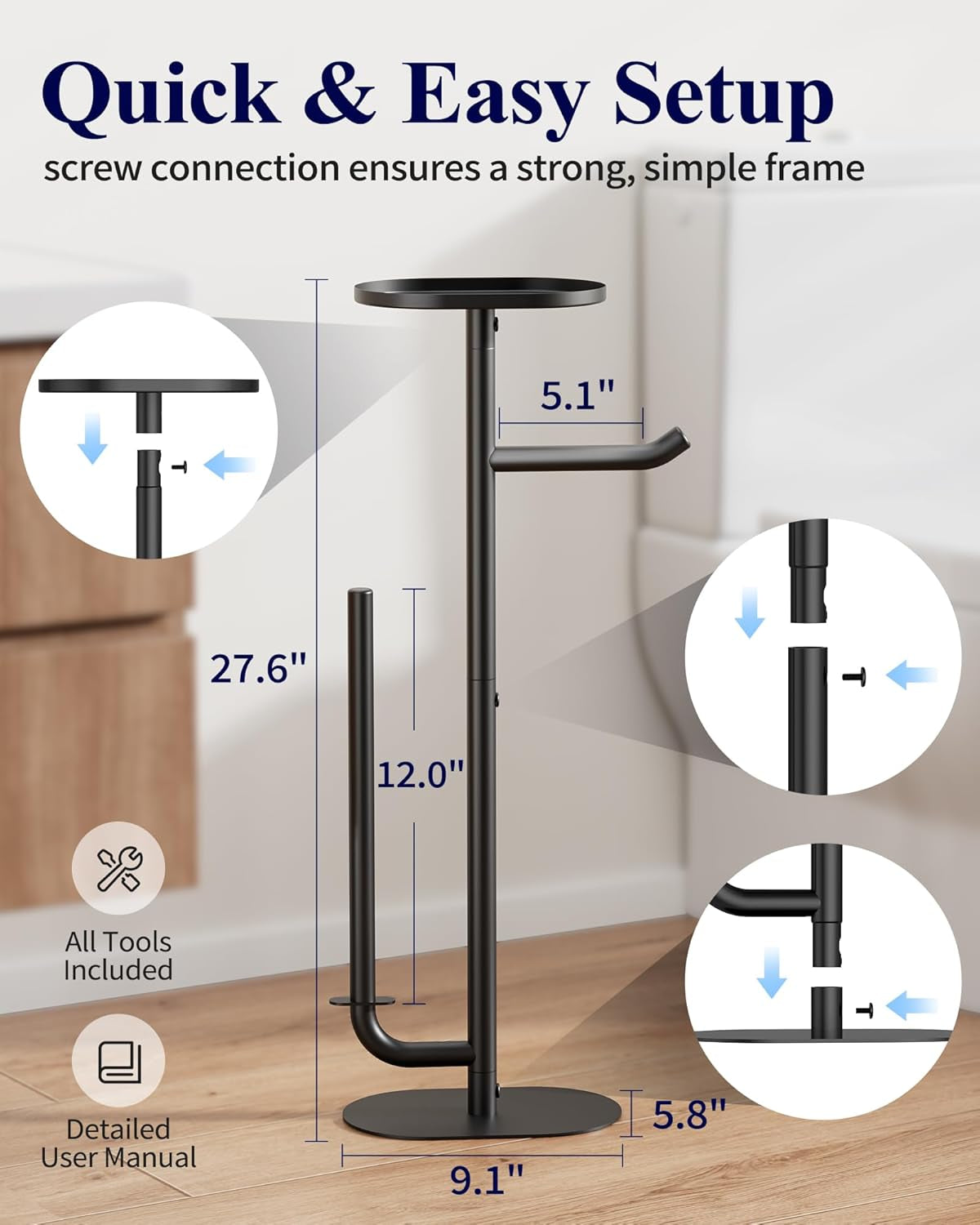 Toilet Paper Holder Stand - Spacious Toilet Paper Storage for 4 Rolls, Rustproof Bathroom Organizers and Storage with Shelf for Phone & Small Items, 9.1"×5.8"×27.6", Black