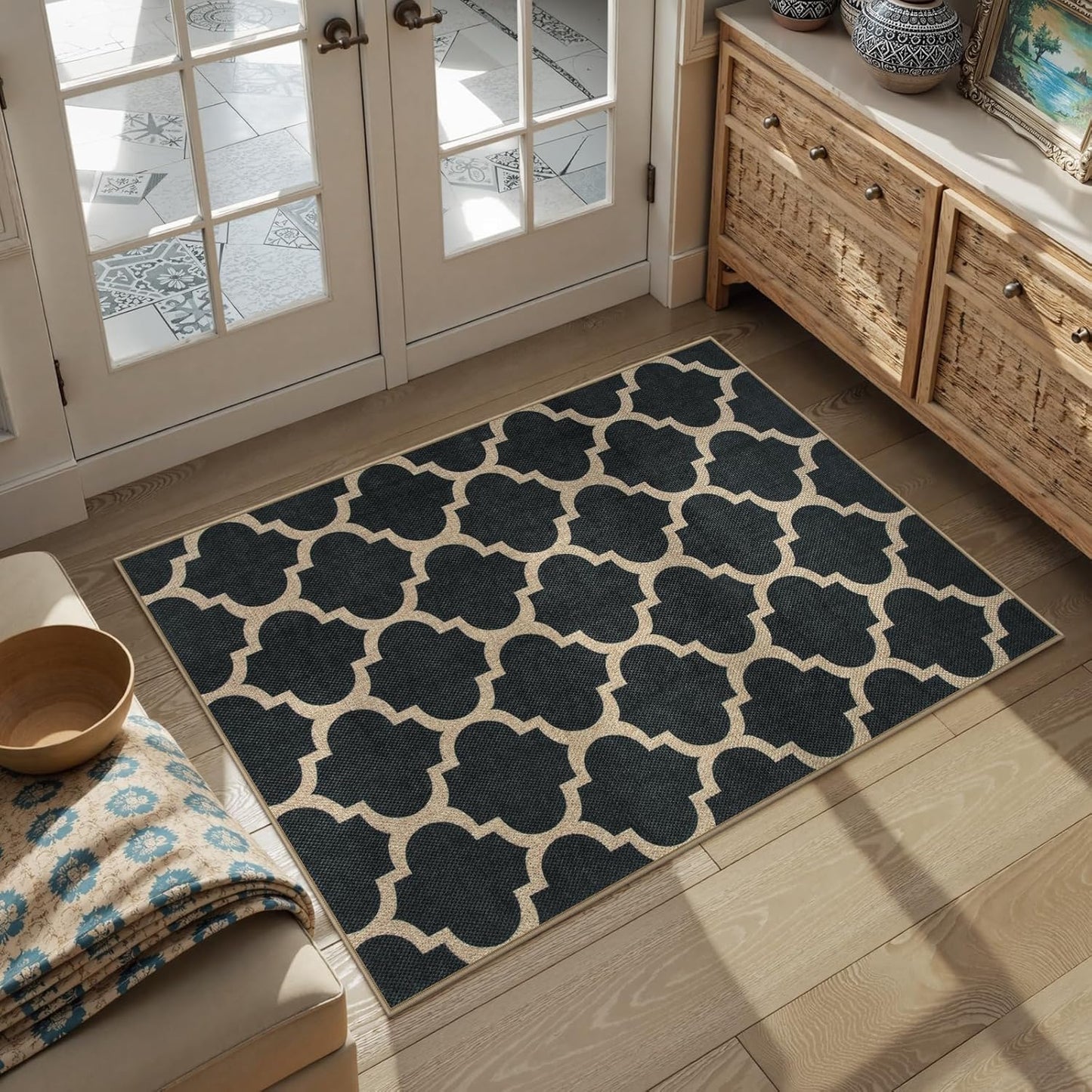 Moroccan Easy Jute Outdoor Entryway Rug, 3X5 Black Washable Front Porch Rugs for Balcony Bedroom, Farmhouse Trellis Neutral Thin Non Slip Small Carpet for Indoor Living Room Backyard Entrance