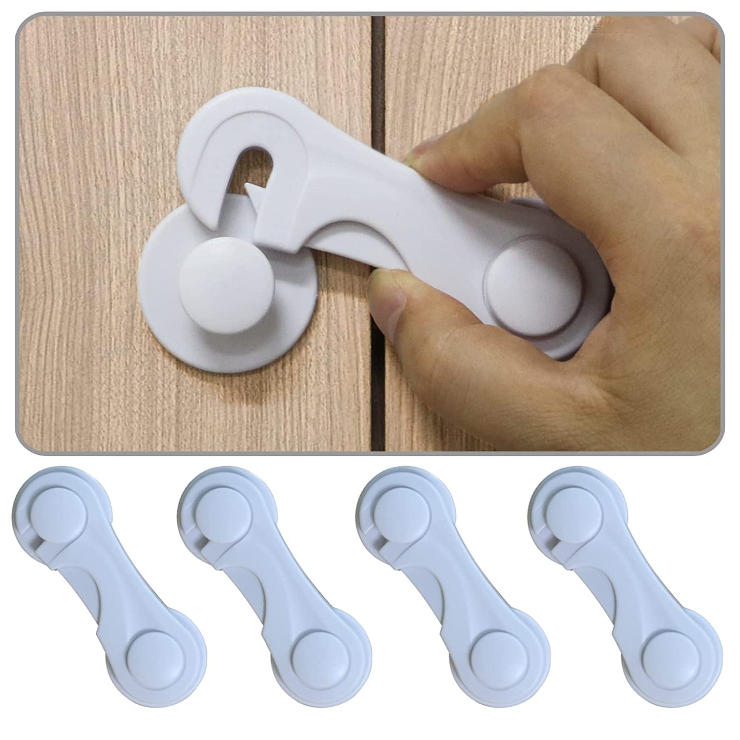 Child Safety Cabinet Door Locks - 4-Pack Adhesive Childproof Latches for Drawers, Cupboards, Refrigerators, Closets, and Pantries (White)