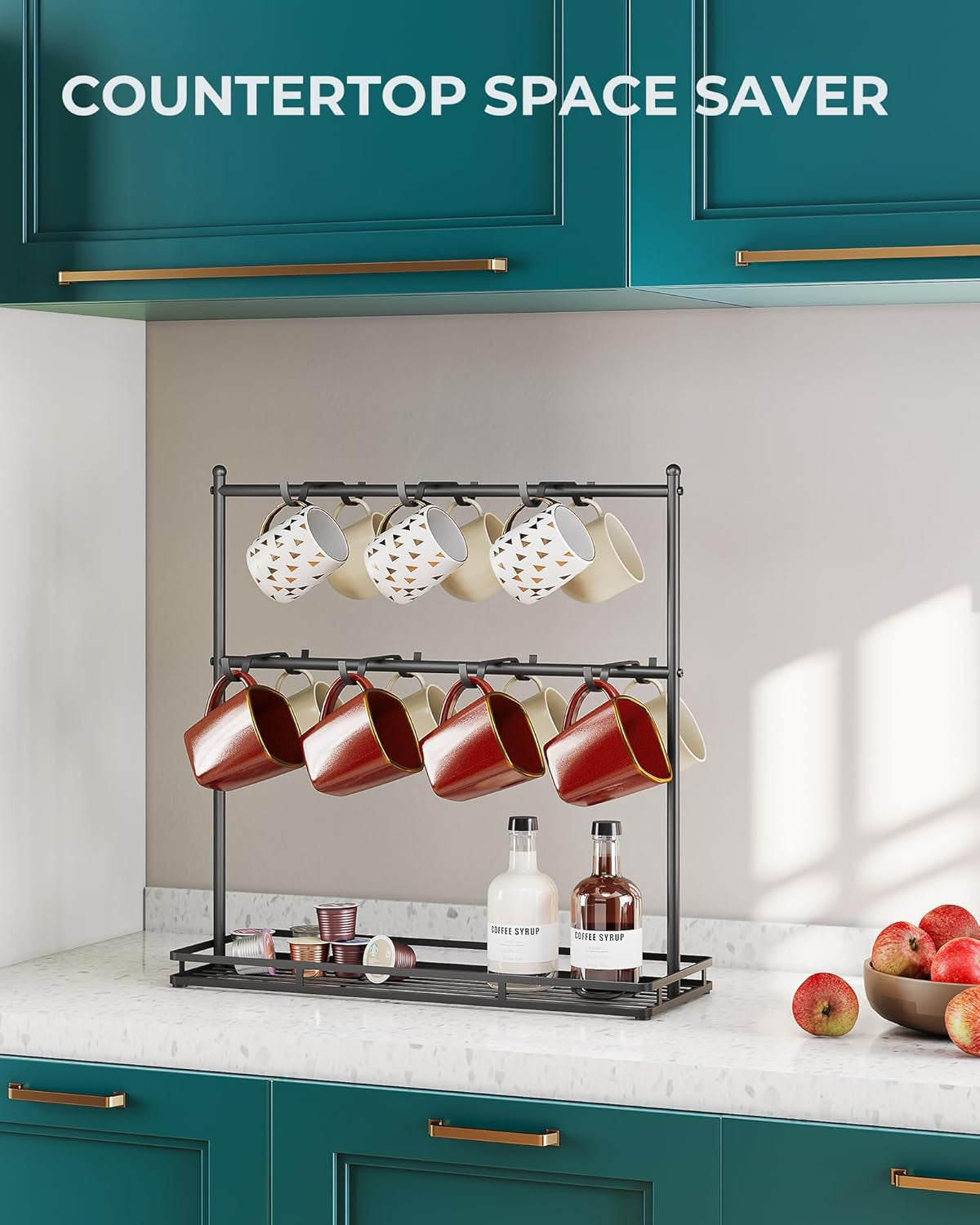 Coffee Mug Holder for Countertop, 14-Hook Mug Tree Rack for 14 Cups, 2 Tier Mug Display Stand with Heavy Duty Metal Base