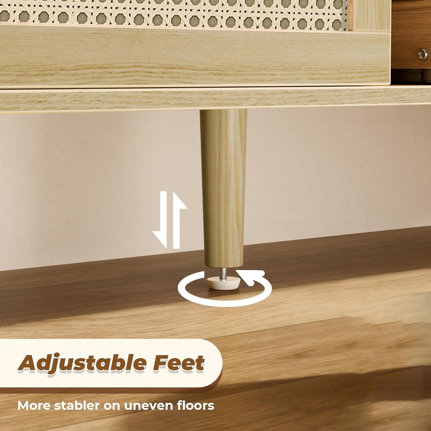 Bohemian-Style TV Stand for 65-Inch TVs, Adjustable Shelf Entertainment Center with Rattan Design, Dual Cabinets, Solid Wood Legs, Media Console with 4 Cord Management Holes - Natural Finish