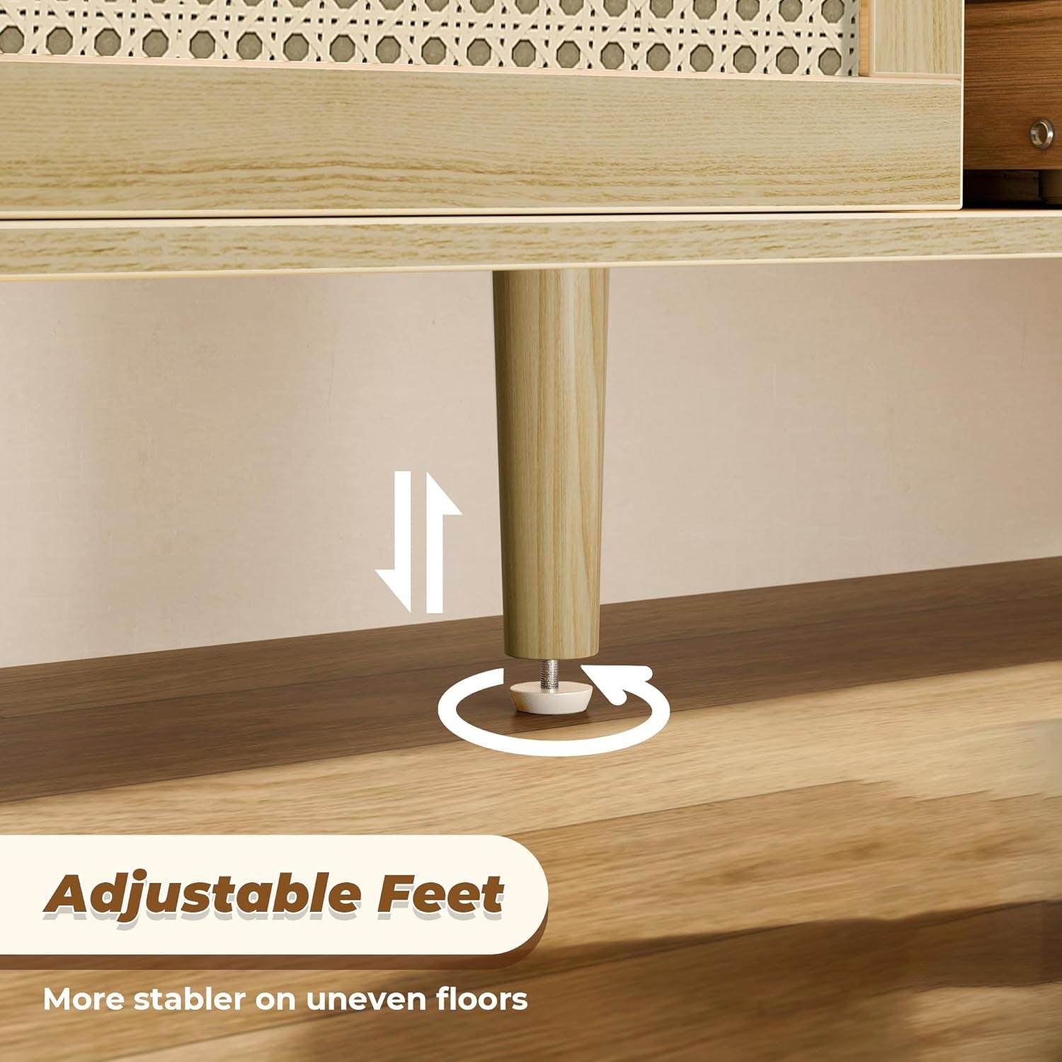 Bohemian-Style TV Stand for 65-Inch TVs, Adjustable Shelf Entertainment Center with Rattan Design, Dual Cabinets, Solid Wood Legs, Media Console with 4 Cord Management Holes - Natural Finish