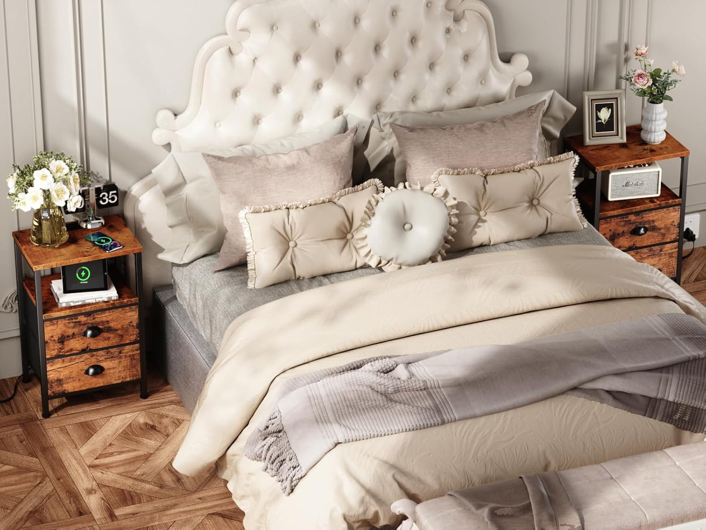 Nightstands Set of 2 Charging Station, End Tables with LED Lights, Nightstands with 2 Fabric Drawers and Shelves, Bedside Tables for Living Room/Bedroom,Rustic Brown