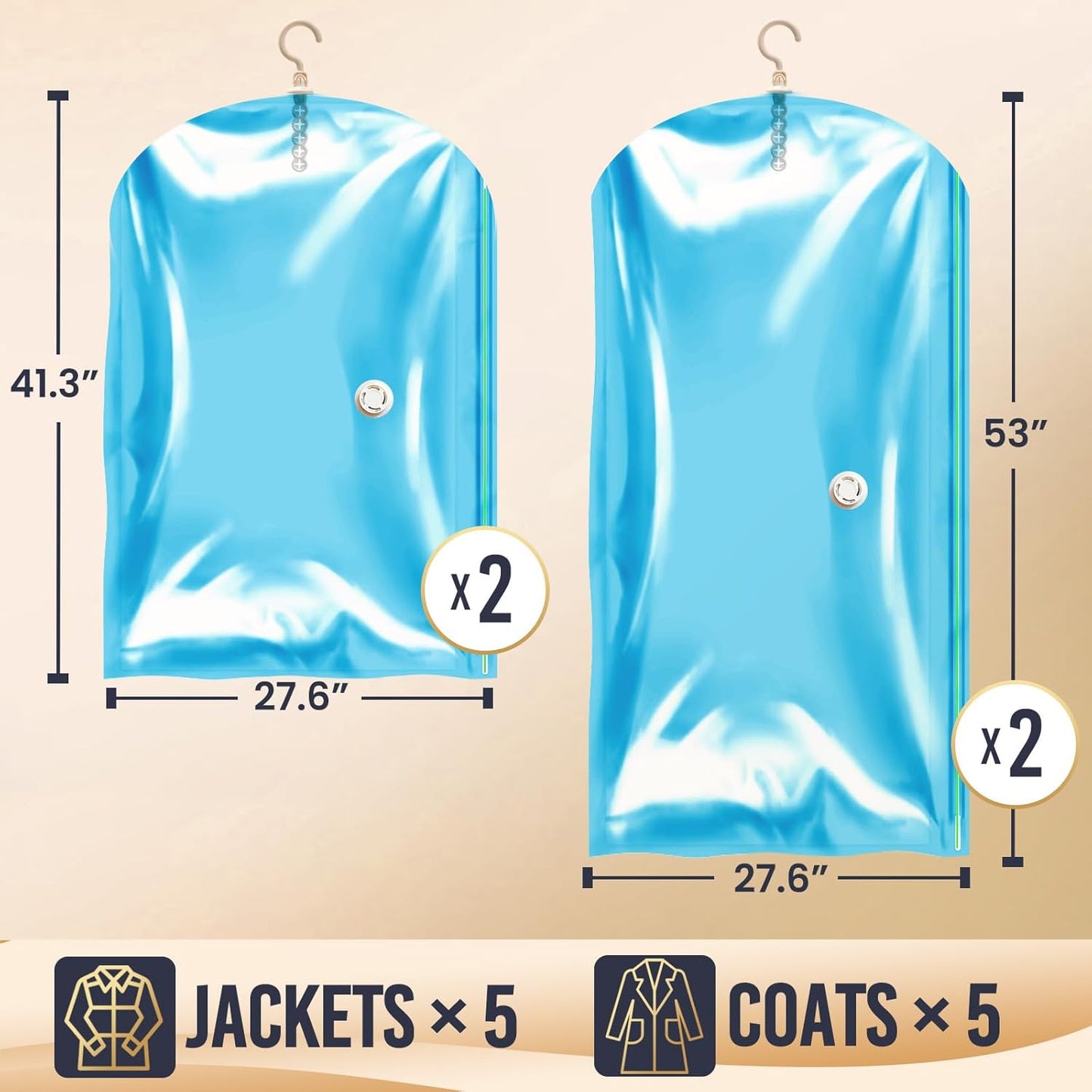 Hanging Vacuum Storage Sealer Space Saver Bags for Clothes, Coat, Closet Organizers, 4 Pack (2 Long, 2 Short) Blue