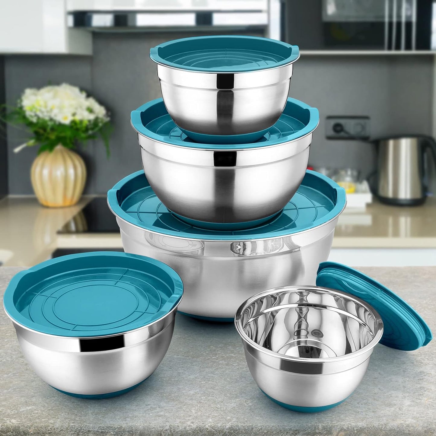 Mixing Bowls with Lids Set of 5, Stainless Steel Nesting Salad Bowl with Lid & Base for Non-Slip Mixing Prepping Storing Serving, 5 Sizes-7/3.5/2.5/1.5/1 QT, Blue