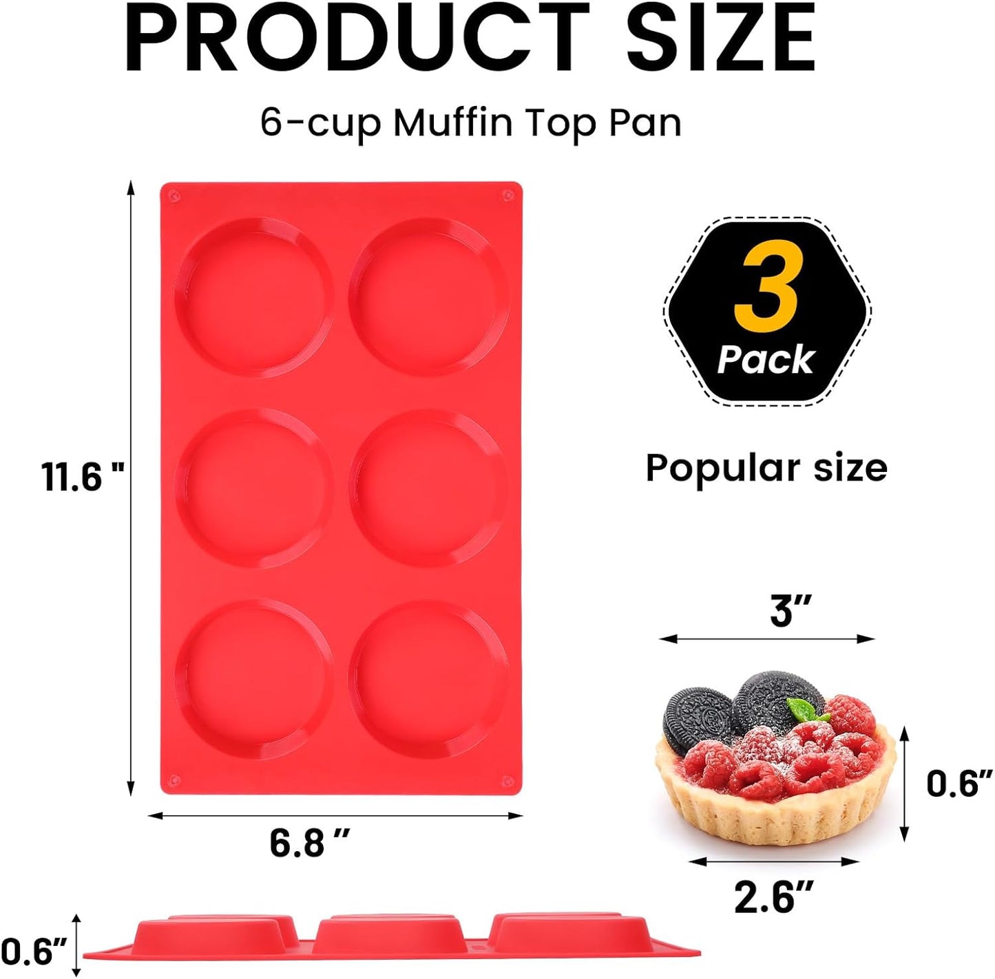 Muffin Top Pan, Silicone Egg Bite Molds for Breakfast Sandwiches, 3 Inch Egg Bite Maker, Non-Stick Silicone Mold for Oven, Whoopie Pies, Eggs Muffins, 3 Pcs-Red