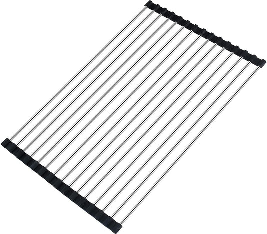 Roll up Dish Drying Rack over the Sink Drying Rack for Kitchen, Folding Dish Rack over Sink Mat, Stainless Steel Dish Drainer Rack Kitchen Organizer Accessories Black 17"X11.8"