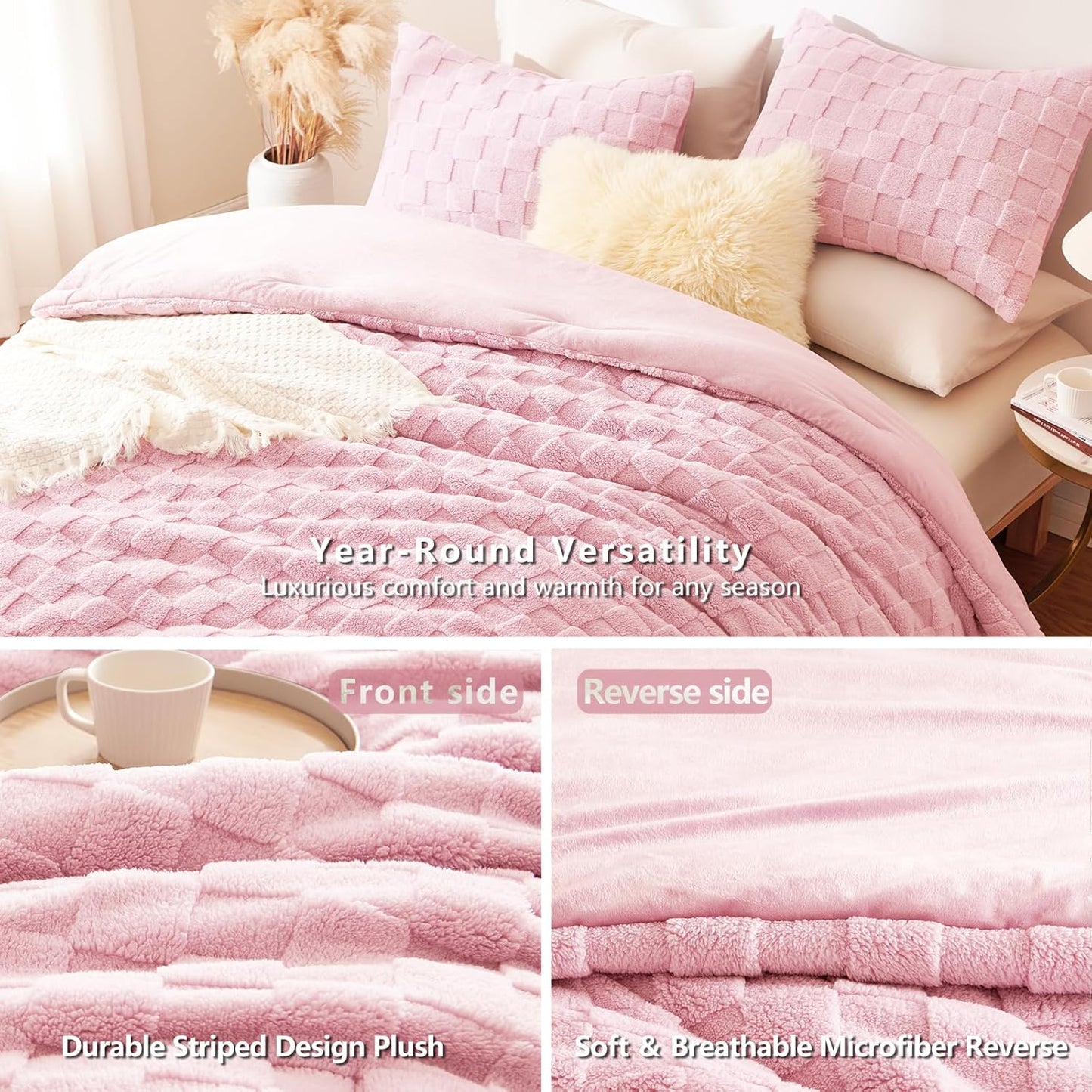 Queen Size Comforter Set Blush Pink, Fluffy Plush Fleece Comforter with Checkered Pattern, Farmhouse Boho Soft Warm Bed Set, 3 Pieces, 1 Comforter and 2 Pillowcases