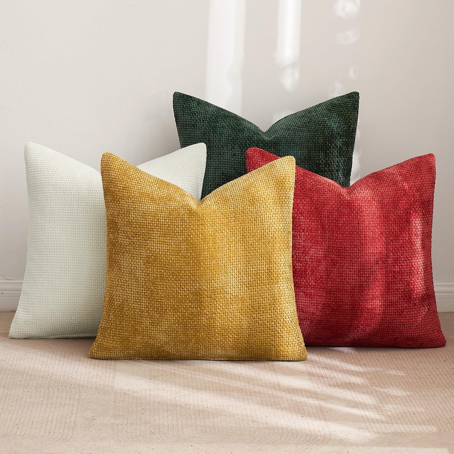 Christmas Pack of 4 Couch Throw Pillow Covers 18X18 Inch Christmas Red/Green Soft Decorative Chenille Pillow Covers Farmhouse Accent Cushion Covers for Boho Home Decor Sofa Bedroom Living Room