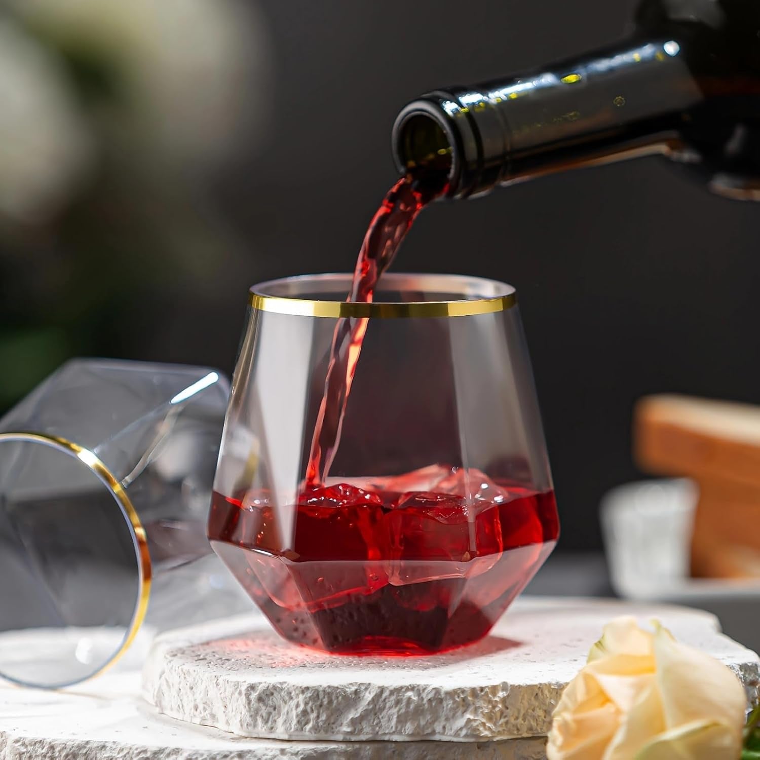 40 Pack Diamond Plastic Wine Glasses,Unbreakable Stemless Whiskey Cocktail Wine Champagne Glasses,12 Ounce Durable Disposable Cups Gold Rim for Parties, Weddings, Birthdays