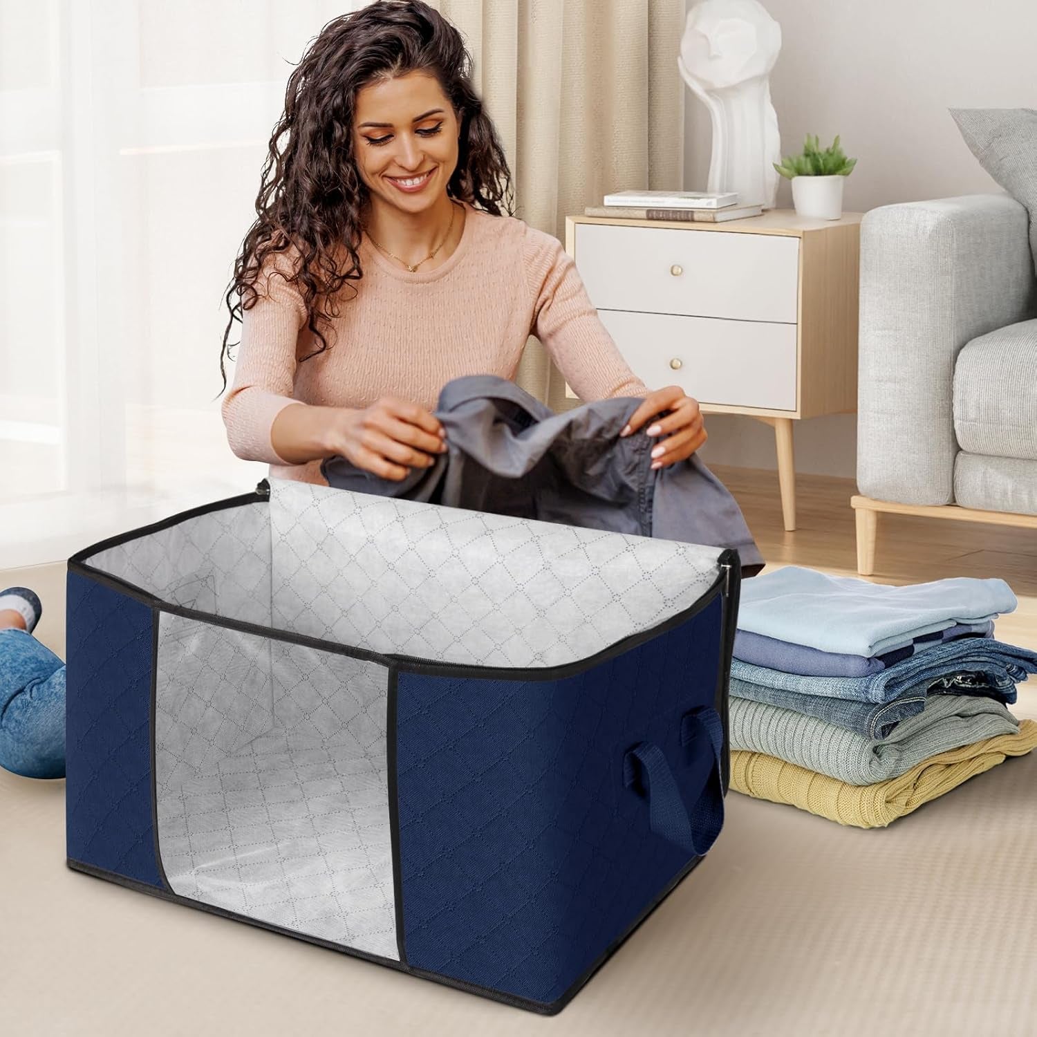 2 Pack Clothes Storage, Foldable Thick Fabric Blanket Storage Bags, Containers for Organizing Bedroom, Closet, Clothing, Comforter,Closet Organization with Handle,Blue