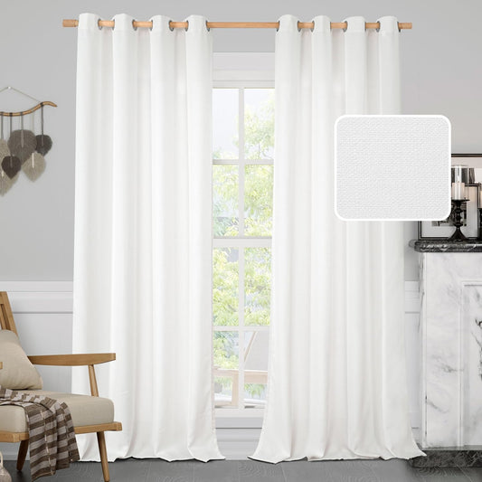 White Linen Curtains 84 Inches Long 2 Panels, Semi Sheer Light Filtering Privacy Neutral Panels Grommet Faux Linen Textured Opaque Drapes for Bedroom/Living Room, 52 X 84 Inch