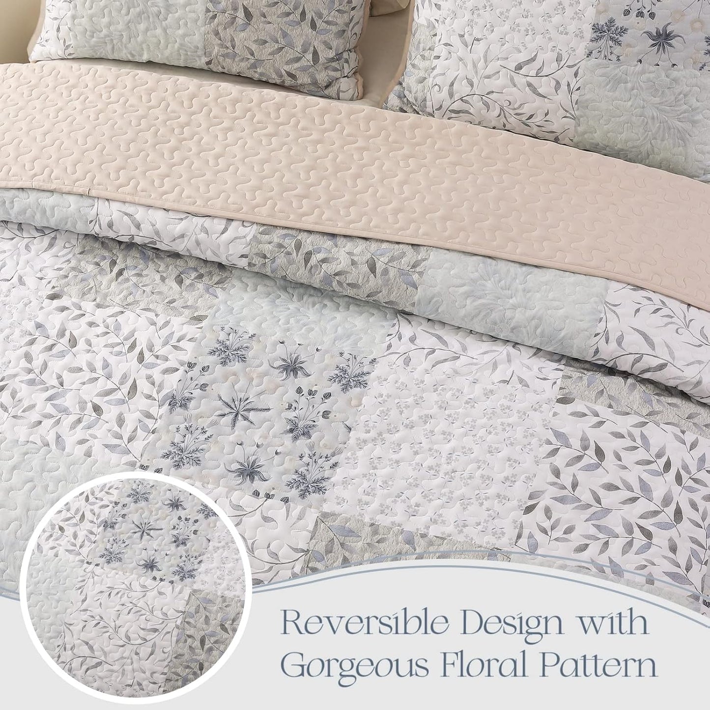 Queen Size Reversible Boho Quilt Set, 3-Piece Patchwork Gray All-Season Bedspread, Ultra-Soft Floral Coverlet with Printed Pattern (Includes 1 Quilt and 2 Pillow Shams)