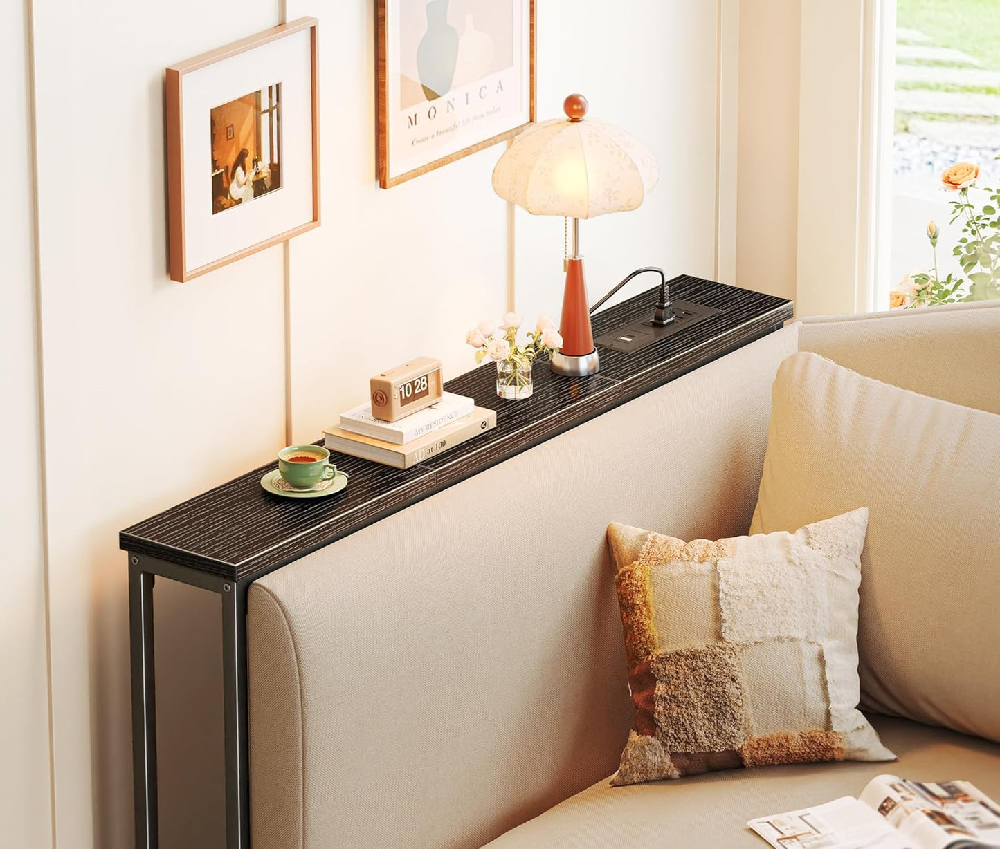 5.9-Inch Console Table with Integrated Outlet, Metal Frame Sofa Table for Living Room, Dimensions: 5.9 x 39.4 x 29.1 Inches, Black