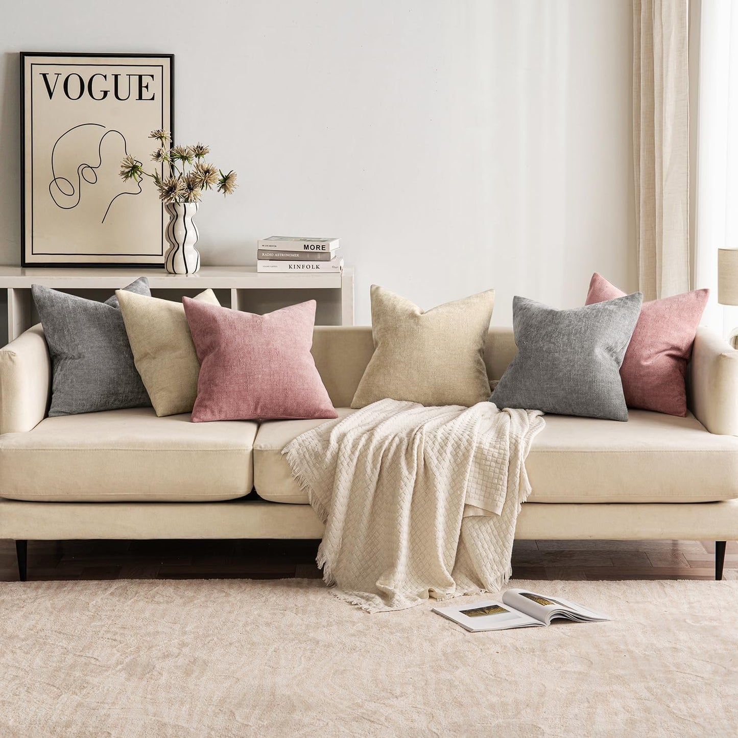 Set of 2 Soft Chenille Decorative Throw Pillow Covers - Solid Textured Cushions for Spring and Valentine's Day, 20x20 Inch, Blush Pink