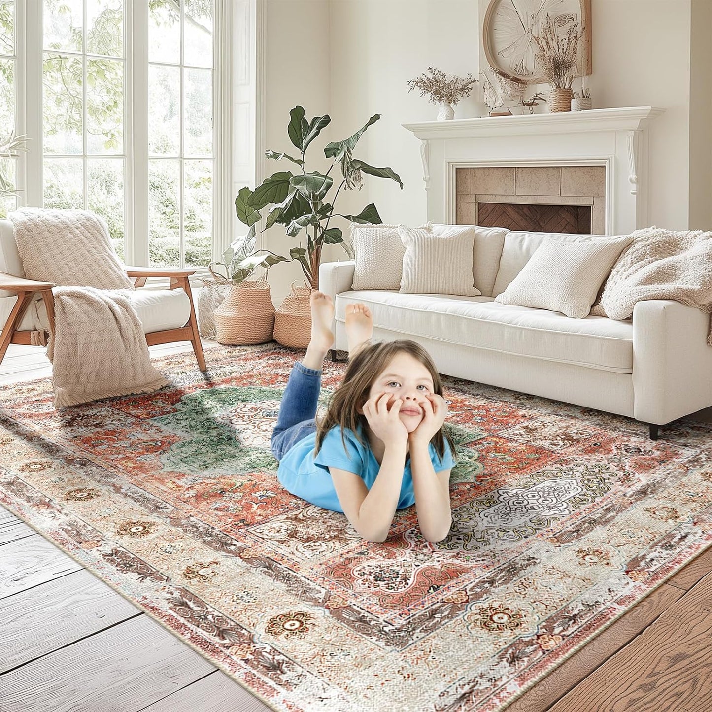 6X9 Area Rugs Machine Washable No Pile Non Slip Vintage Rugs for Living Room&Bedroom&Dinning Room Bohemian Distressed Carpet Indoor,Brick