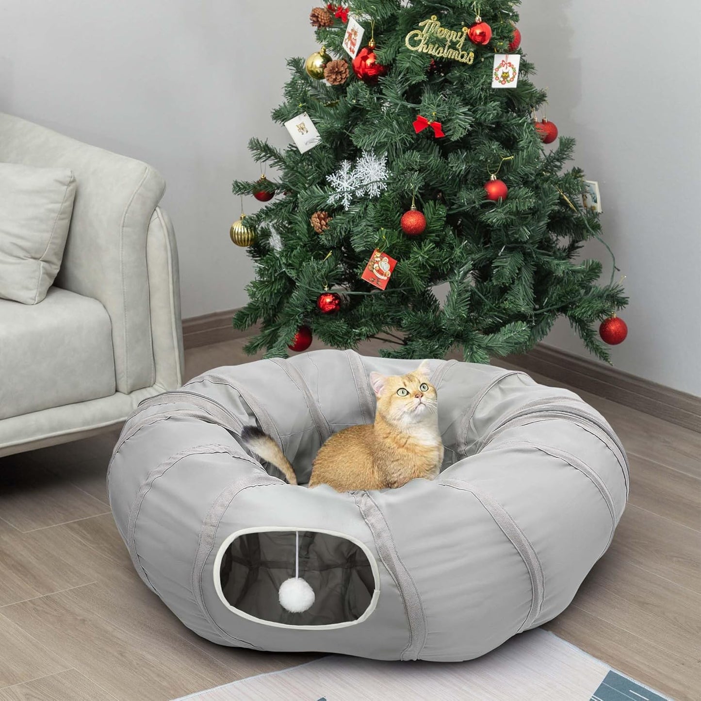 Cat Play Tunnel - round Cat Tunnel with Bed | Interactive Cat Toys for Indoor Cats Kitten Kitty Puppy Rabbit Ferret (Light Grey)