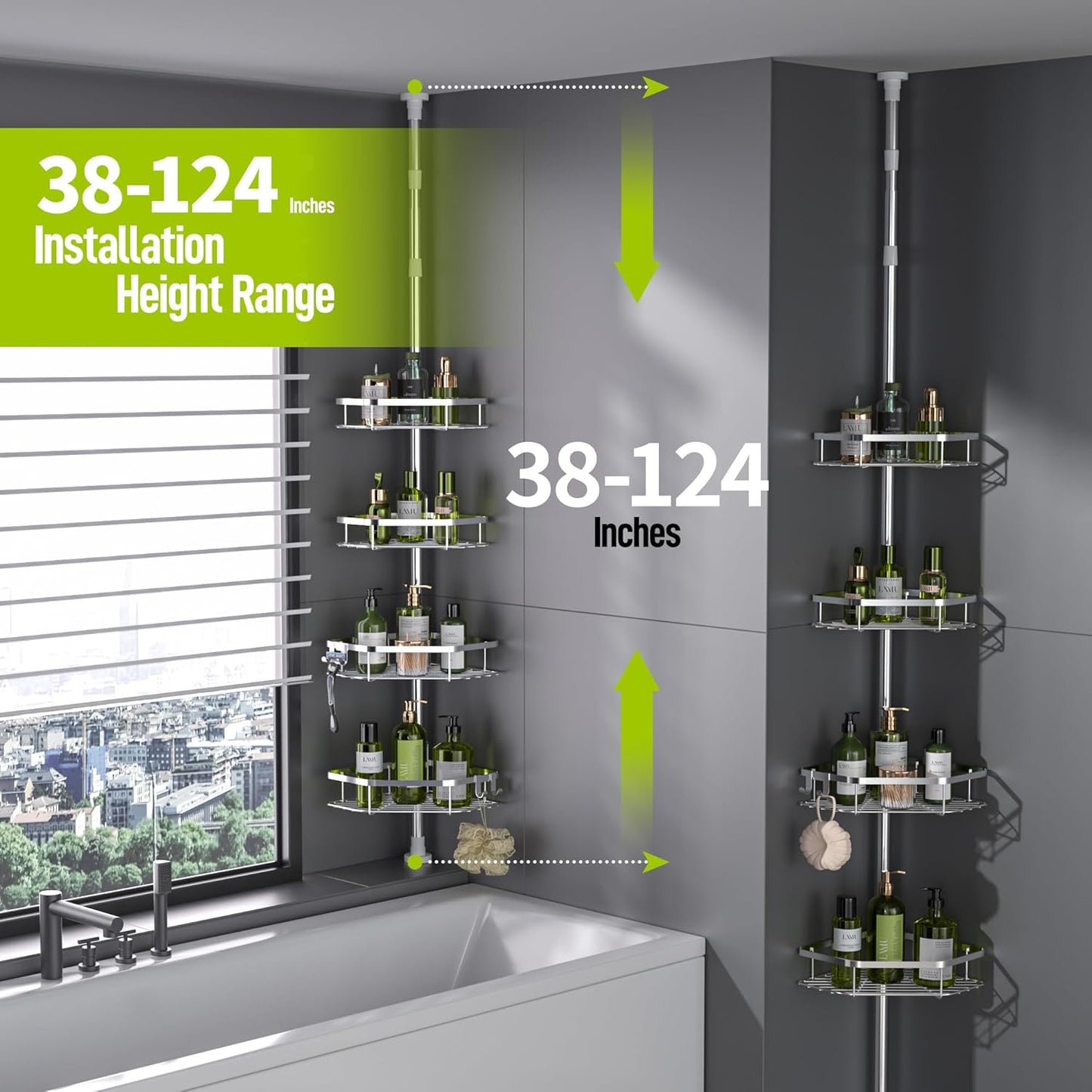 Corner Shower Caddy Tension Pole, Stainless Steel Shower Organizer, Strong Spring, 4 Adhesive Pads, 2.4" Non-Slip Grid Base, Adjustable 4-Tier Basket, 4 Hooks, Fits Heights 37.8-124", Silver