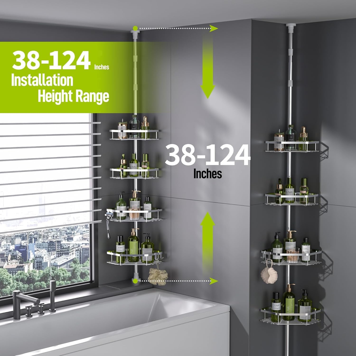 Corner Shower Caddy Tension Pole, Stainless Steel Shower Organizer, Strong Spring, 4 Adhesive Pads, 2.4" Non-Slip Grid Base, Adjustable 4-Tier Basket, 4 Hooks, Fits Heights 37.8-124", Silver