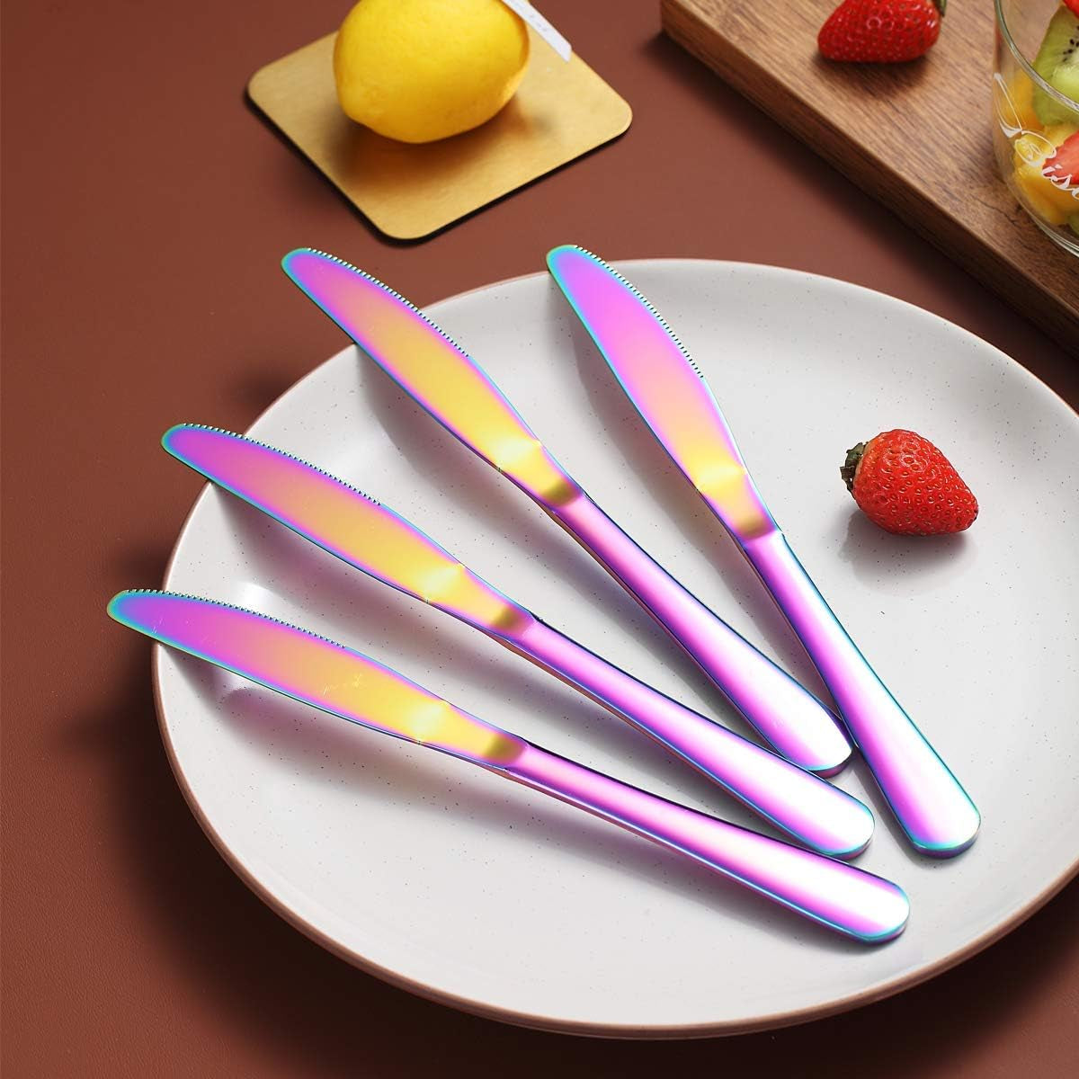 Set of 4 Rainbow Stainless Steel Dinner Knives with Titanium Plating - Colorful and Durable Table Cutlery, Dishwasher Safe