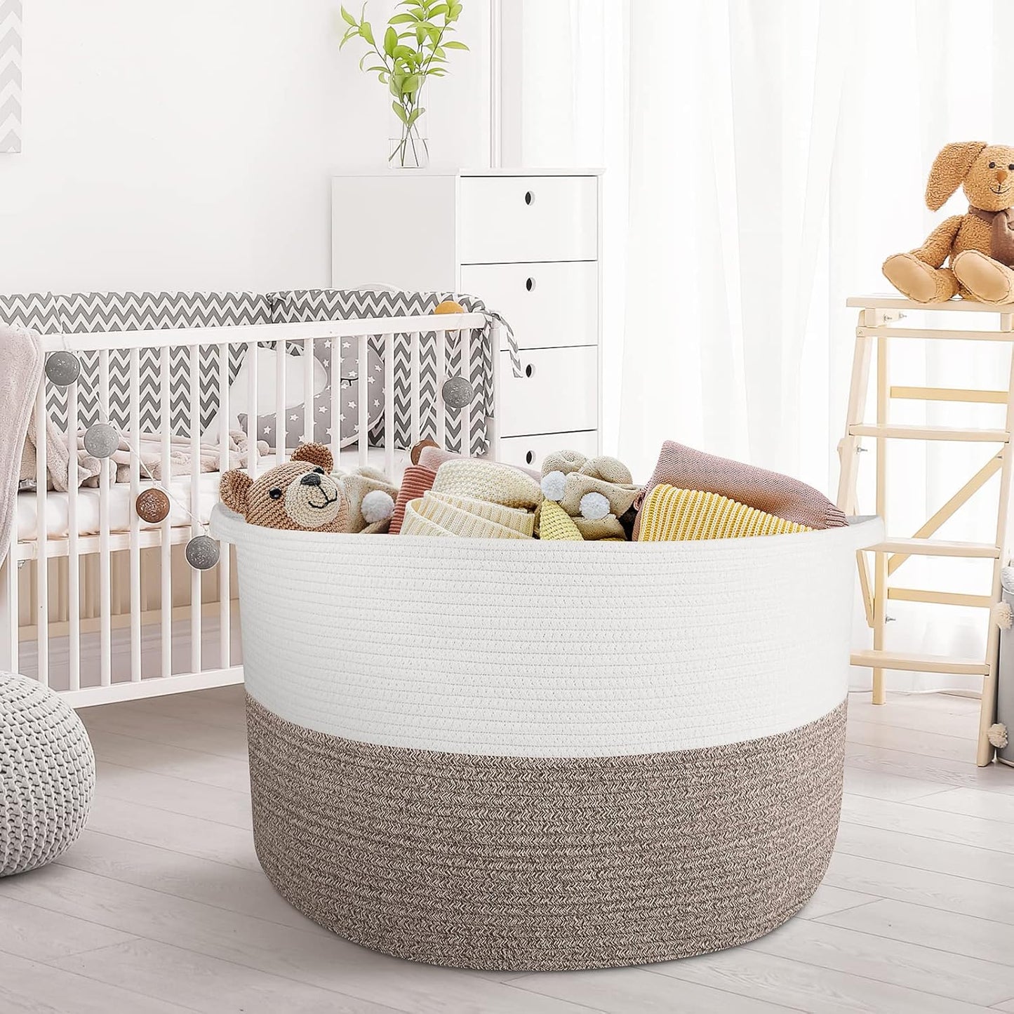Storage Basket Large Cotton Rope Basket 21.7"X 21.7" X 13.8" with Handle Big Soft Nursery Cube Bin Laundry Hamper for Living Room(White/Brown)