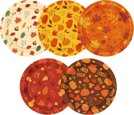 50 PCS Thanksgiving Paper Plates, 9" Disposable Thanksgiving Plates, 5 Styles Fall Party Tableware with Maple Leaves Pumpkins, Harvest Party Plates for Autumn Dinnerware Party Supplies