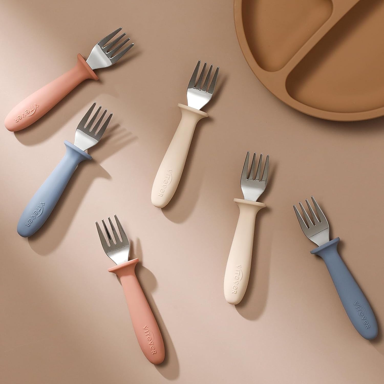 6 Pieces Toddler Forks,Kids Safe Utensils Set with Silicone round Handle for Self Feeding,18/8 Stainless Steel Baby Forks,Children'S Silverware Set BPA Free, Dishwasher Safe