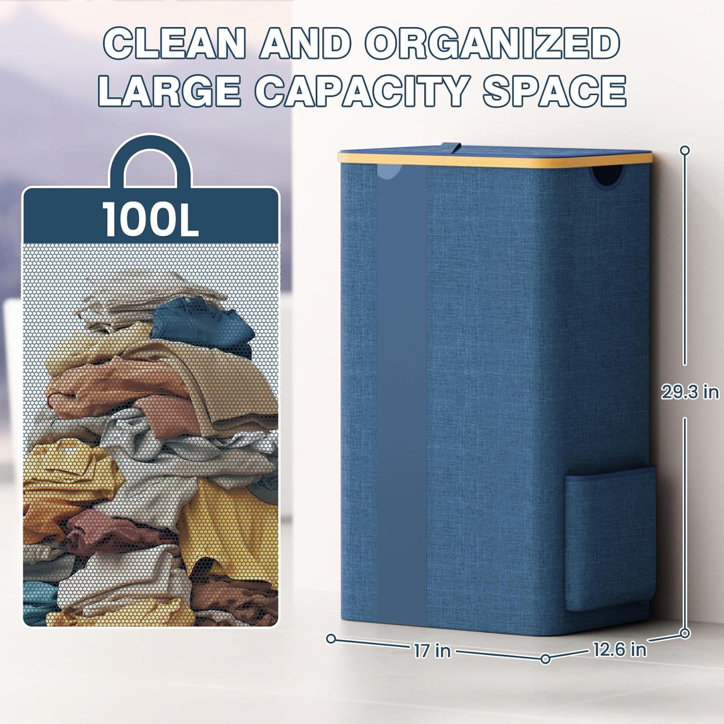 100L Laundry Basket with Lid and Removable Bag, Breathable Design Hamper with Handles for Bedroom, Bathroom, Dorm, and Laundry Room - Light Blue