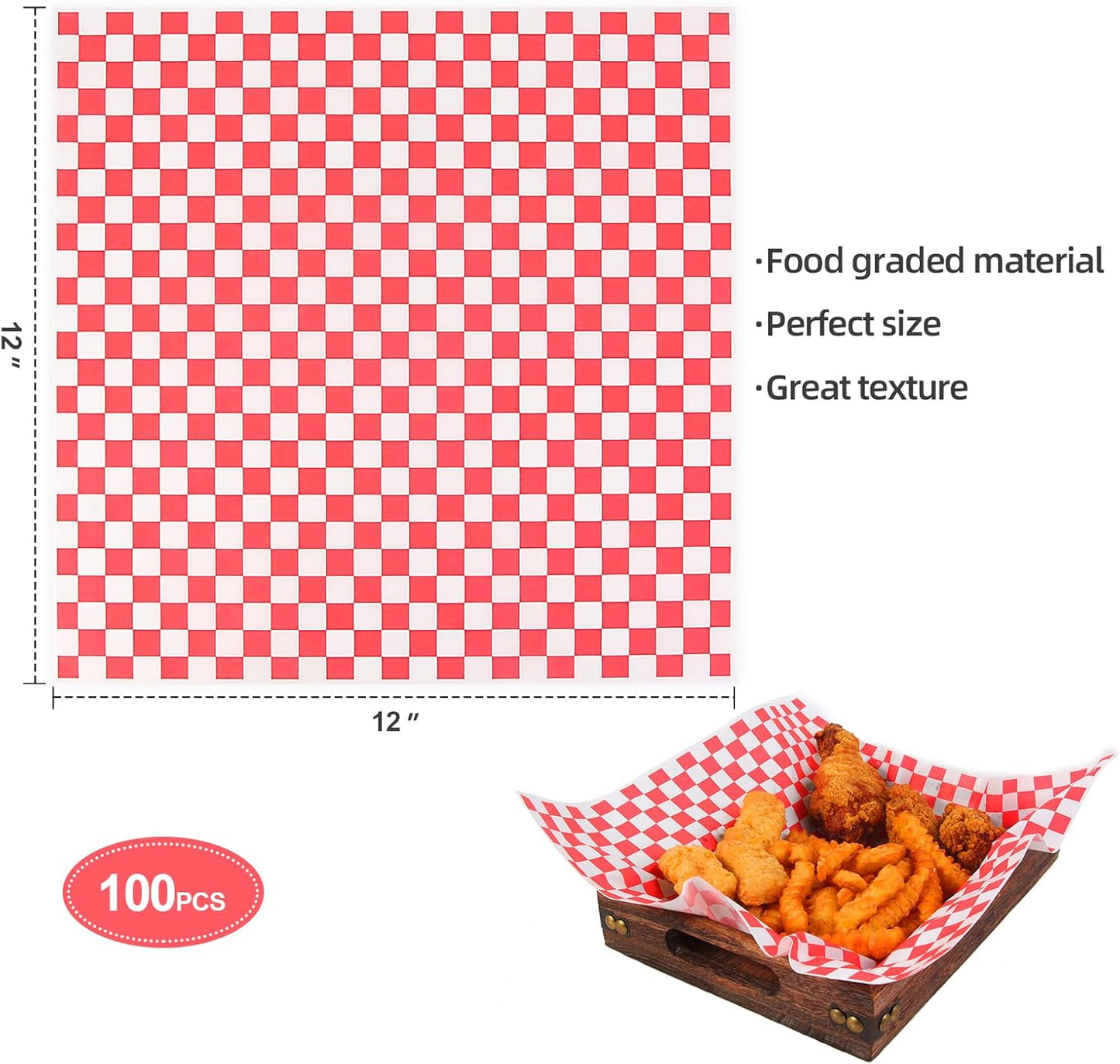 100Pcs Deli Paper Sheets 12X12", Premium Food Basket Liners, Grease Resistant Wax Paper Sheets for Food, Classic Checkered Sandwich Wrapping Paper for Party, Festival and Outdoors,