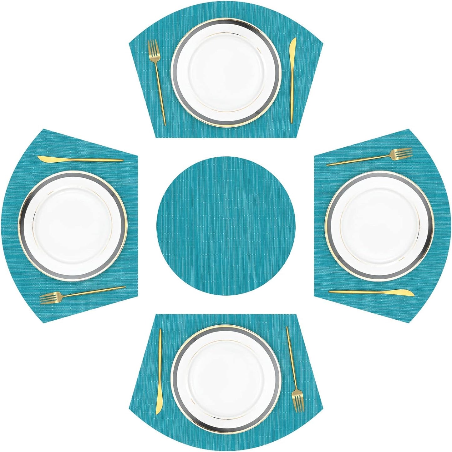Large Size Wedge Placemats with Centerpiece Set of 5, PVC Woven Vinyl Place Mats for round Table Washable Indoor Outdoor Table Placemats, Blue