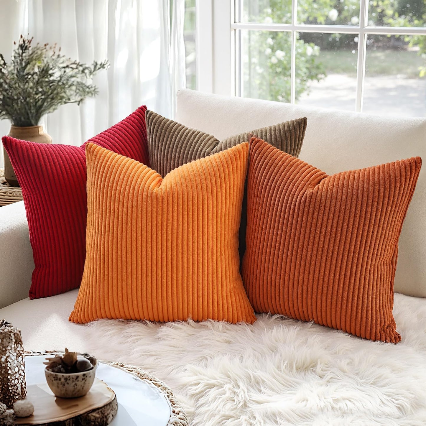 Winter Pack of 2 Corduroy Soft Soild Decorative Square Christmas Throw Pillow Covers Set Cushion Cases Pillowcases for Sofa Bedroom Car 18 X 18 Inch 45 X 45 Cm Red
