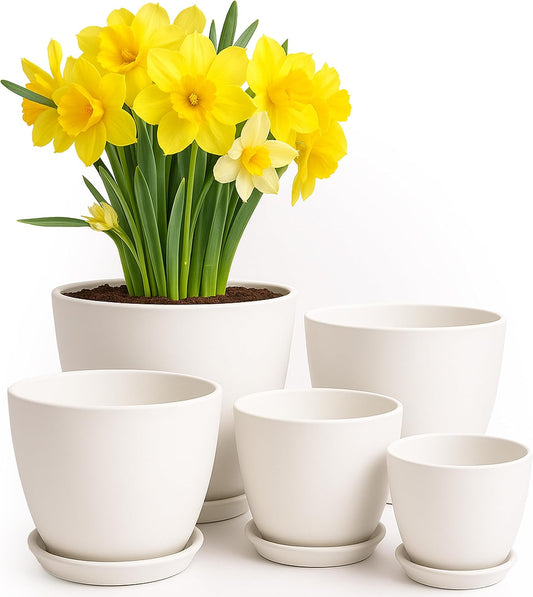 - Plant Pots Indoor with Drainage - 7/6.6/6/5.3/4.8 Inches Garden Flower Pots for Indoor Planter - 5 Pack White Plastic Planters - Ideal for Stocking Stuffers or Room, Office Home Decor