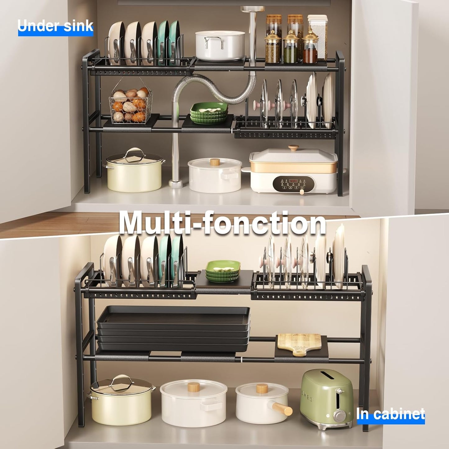 Pots and Pans Organizer under Cabinet, Expandable 2 Tier under Sink Organizers and Storage Adjustable Height Kitchen Pot and Pan Lid Holder Rack with 12 Dividers under Cabinet Shelf(Black)