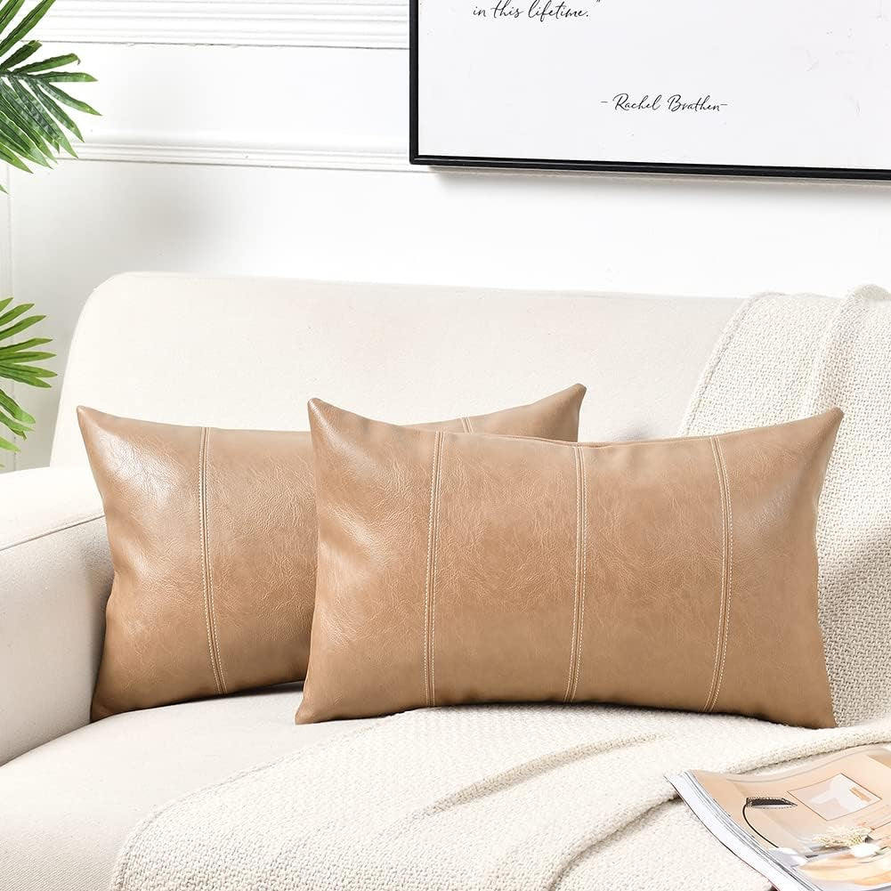 Tan Lumbar Waterproof Faux Leather Decorative Throw Pillow Covers 12X20 Inch for Living Room Couch Bed, Beige Hand Stitched Cushion Case 30X50 Cm, Taupe Modern Farmhouse Home Décor