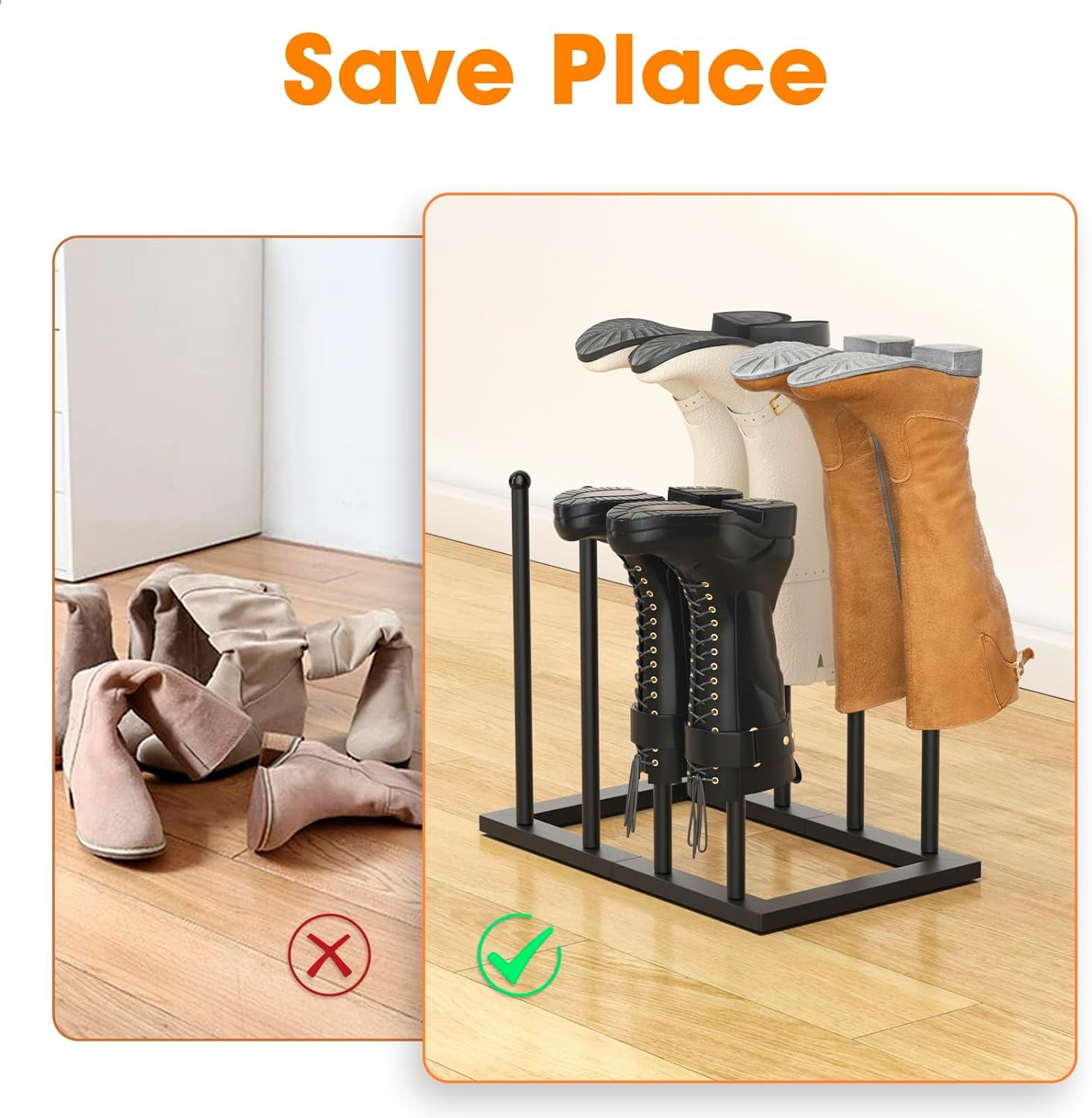 Free Standing Shoe Racks, Boot Organizer for Tall Boots, Black Metal Boot Rack Fit for 4 Pairs, Shoe Organizer for Dorm Room, Entryway (Black-4 Pairs)