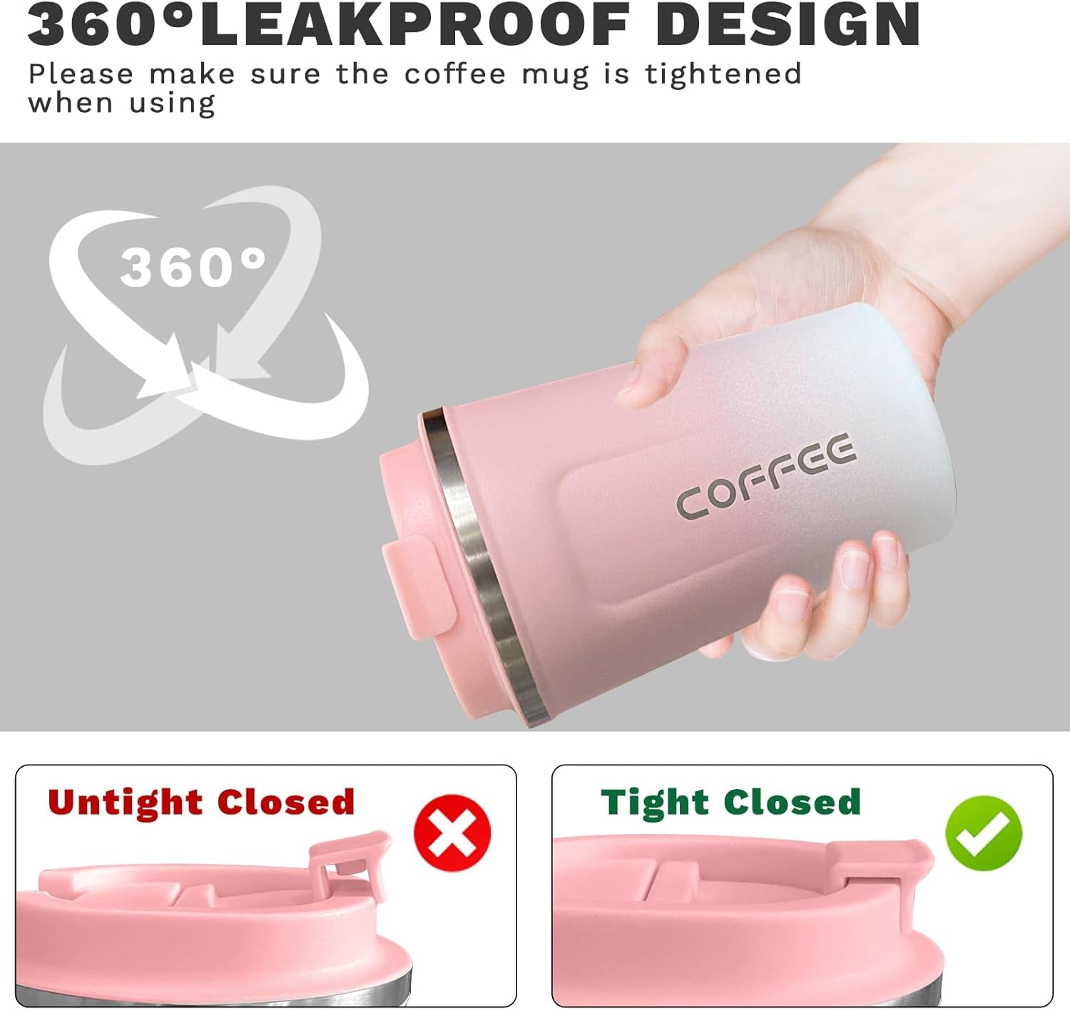 Insulated Travel Coffee Mug, Spill & Leak Proof, Portable to Go Camping Stainless Steel Coffee Tumbler, Reusable Thermal Coffee Cup with Lid for Hot & Cold Drinks (2Nd-Pink White, 12 OZ)