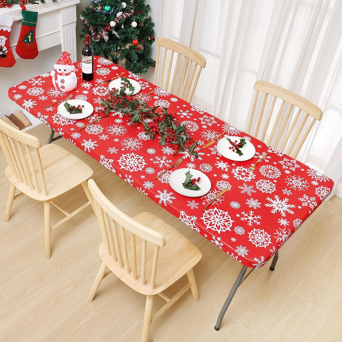 Rectangle Vinyl Tablecloth, Fitted Table Cover, 100% Waterproof, Elastic Edge, Flannel Backing, Plastic Table Cloth Fit 6 Foot Folding Tables for Picnic, Outdoor (Red Snowflake, 30X72 Inch)