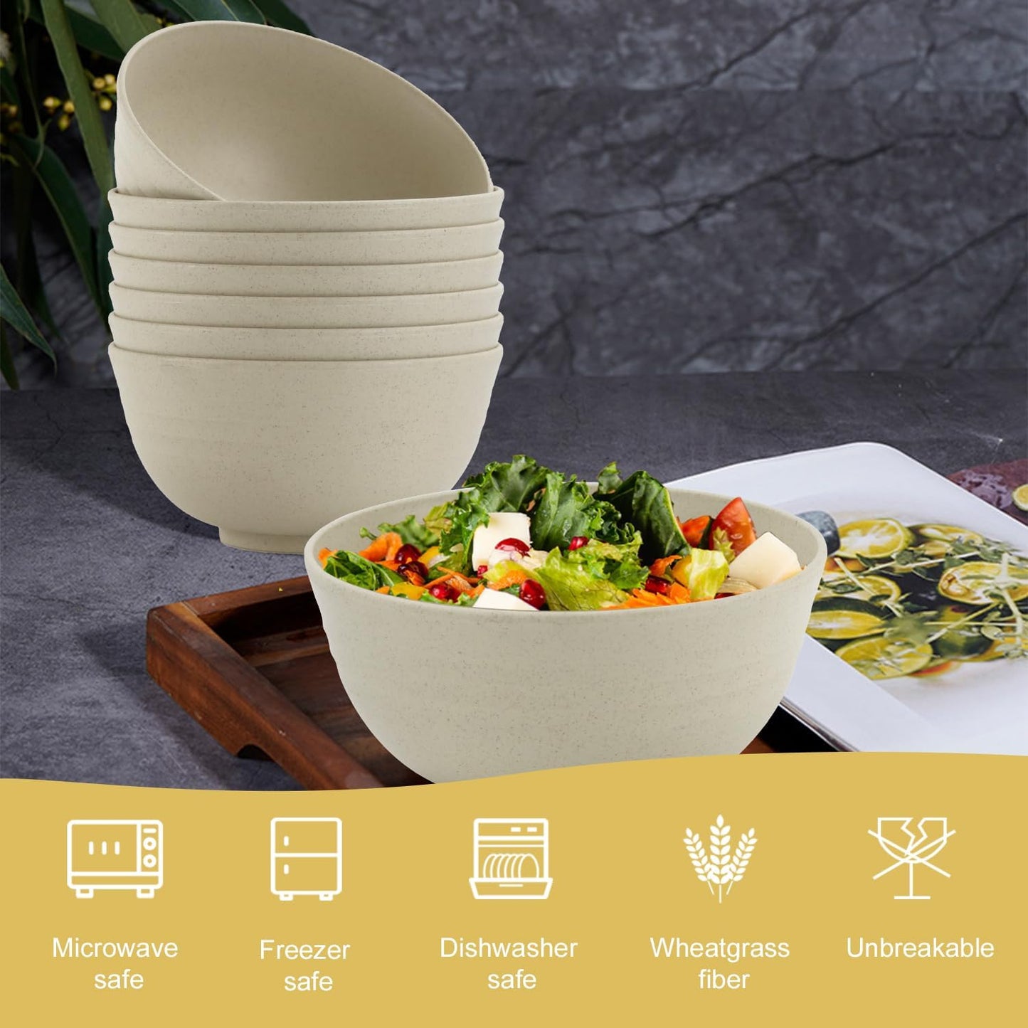 Wheat Straw Bowls Set of 8 - Durable, Lightweight Cereal Bowls, Microwave and Dishwasher Safe for Versatile Kitchen and Camping Use (Beige, 26 OZ)