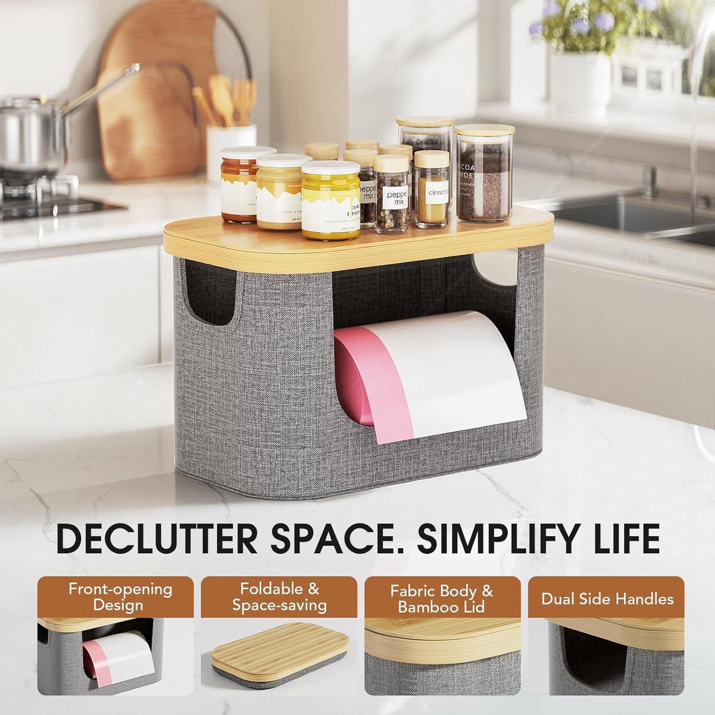 Stackable Trash Bag Dispenser with Bamboo Lid, Large Garbage Bag Dispenser Holder for 4-33 Gal Bags, Organizers and Storage for under Sink Organizer, Kitchen Countertop, Laundry Room