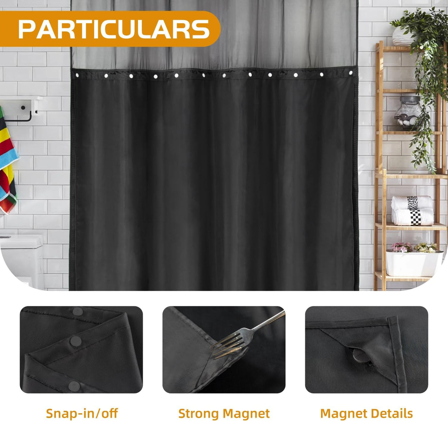 1 Pack Fabric Snap-In Shower Curtain Liner Replacement,Compatible with No Hook Shower Curtain with Snap in Liner, Removable & Water-Repellent,Machine Washable,70X54,Black