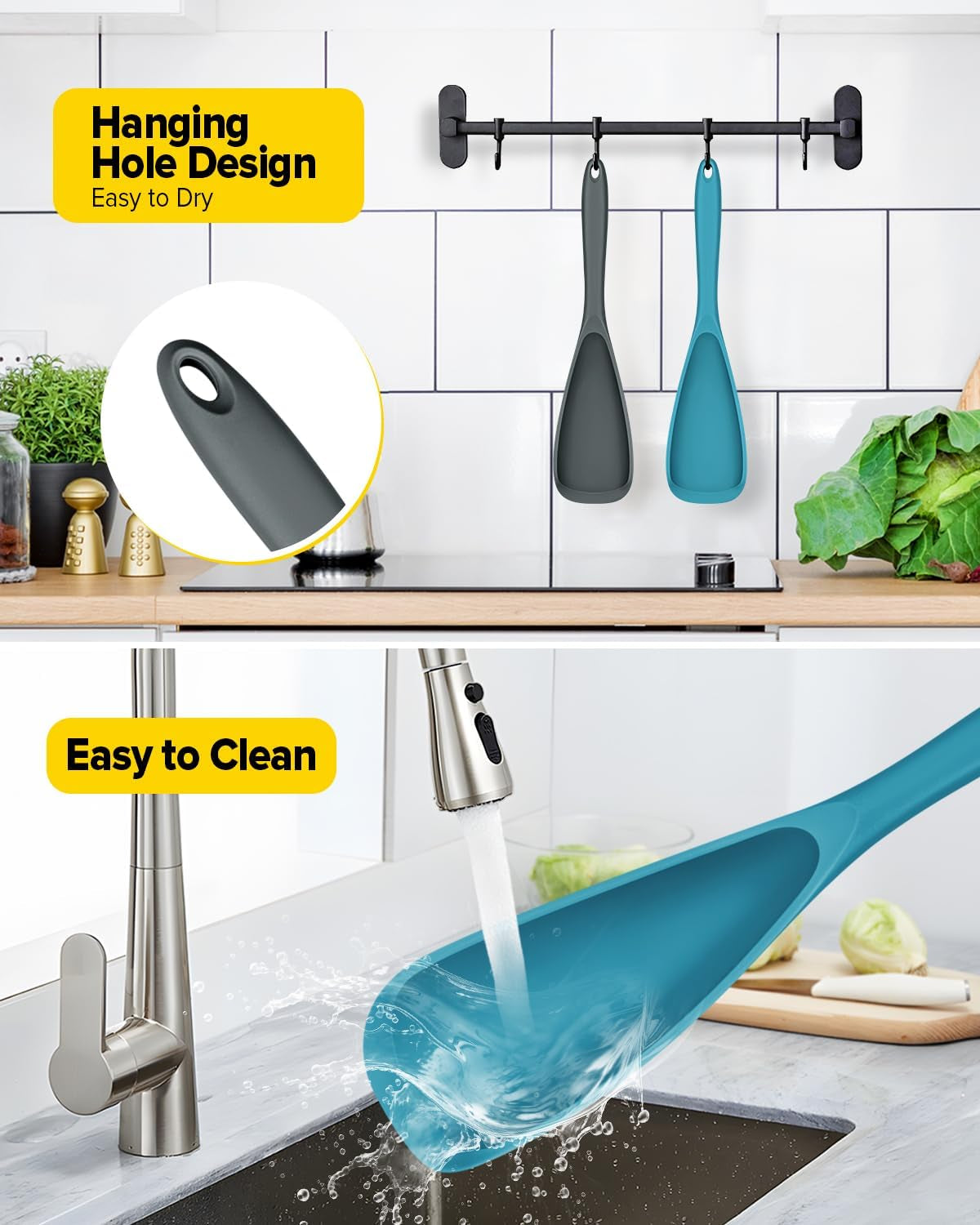 Pack of 2 Cooking Spoons for Non Stick Cookware, Multifunction Spatula Spoon Bpa-Free, One-Piece Design, Suitable for Scooping, Scraping, Serving and Mixing(Gray-Blue)