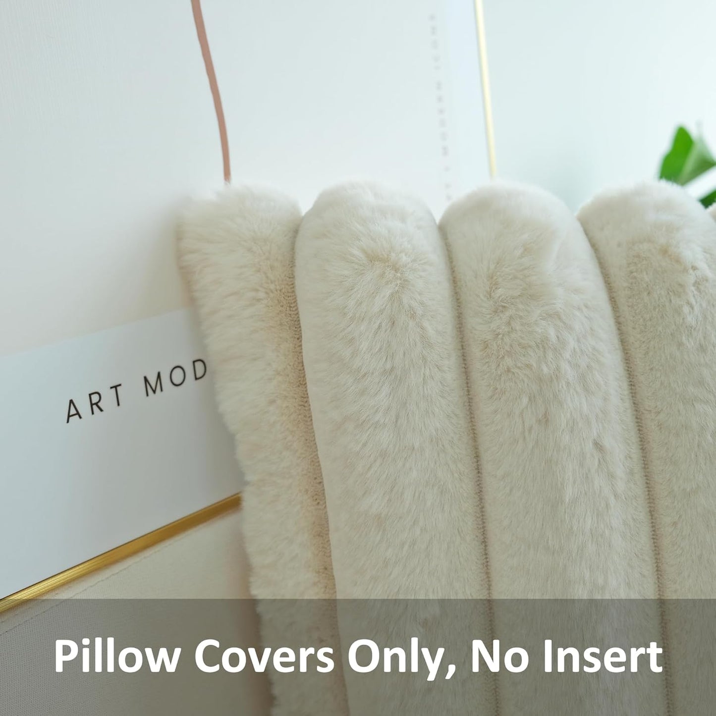 Pack of 2 Faux Fur Plush Decorative Throw Pillow Covers Couch Cushion Case Soft Fluffy Pillowcases Wide Stripe (Beige, 18 X 18 Inch)