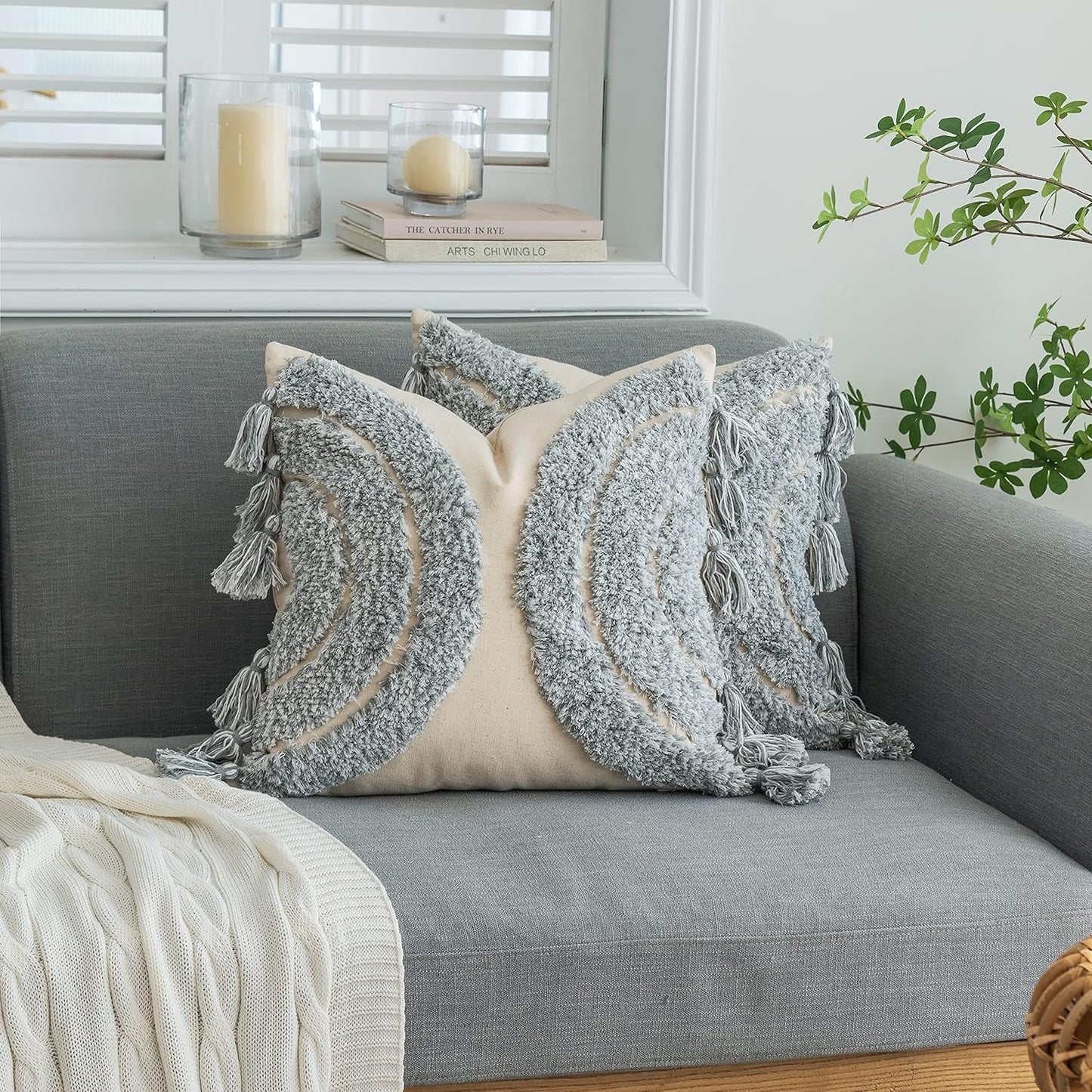 Gorgeous Half Moon Accent Boho Tufted Decorative Throw Pillow Cover, Stylish & Cozy Rainbow Design Cotton Canvas Cushion Cover | Tassels Pillow Case Home Decor 18"X 18" Mixed Grey 1 Piece