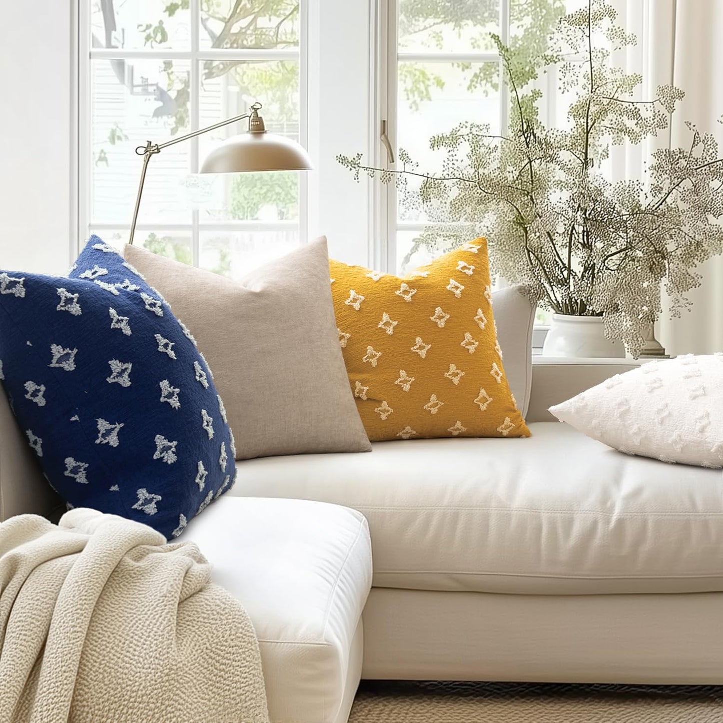 Set of 2 Decorative Throw Pillow Covers Rhombic Jacquard Pillowcase Soft Square Cushion Case for Couch Sofa Bed Bedroom Living Room, 18X18 Inch, Blue