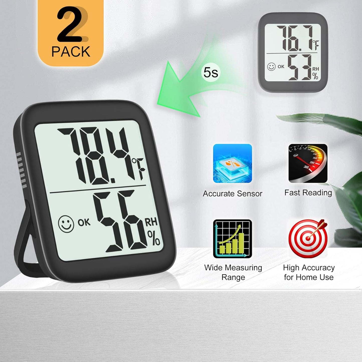 2 Pack Room Thermometer for Home, Indoor Hygrometer Humidity Meter Gauge, Digital Temperature and Humidity Sensor Monitor for House, Terrarium, Incubator, Greenhouse - Battery Included
