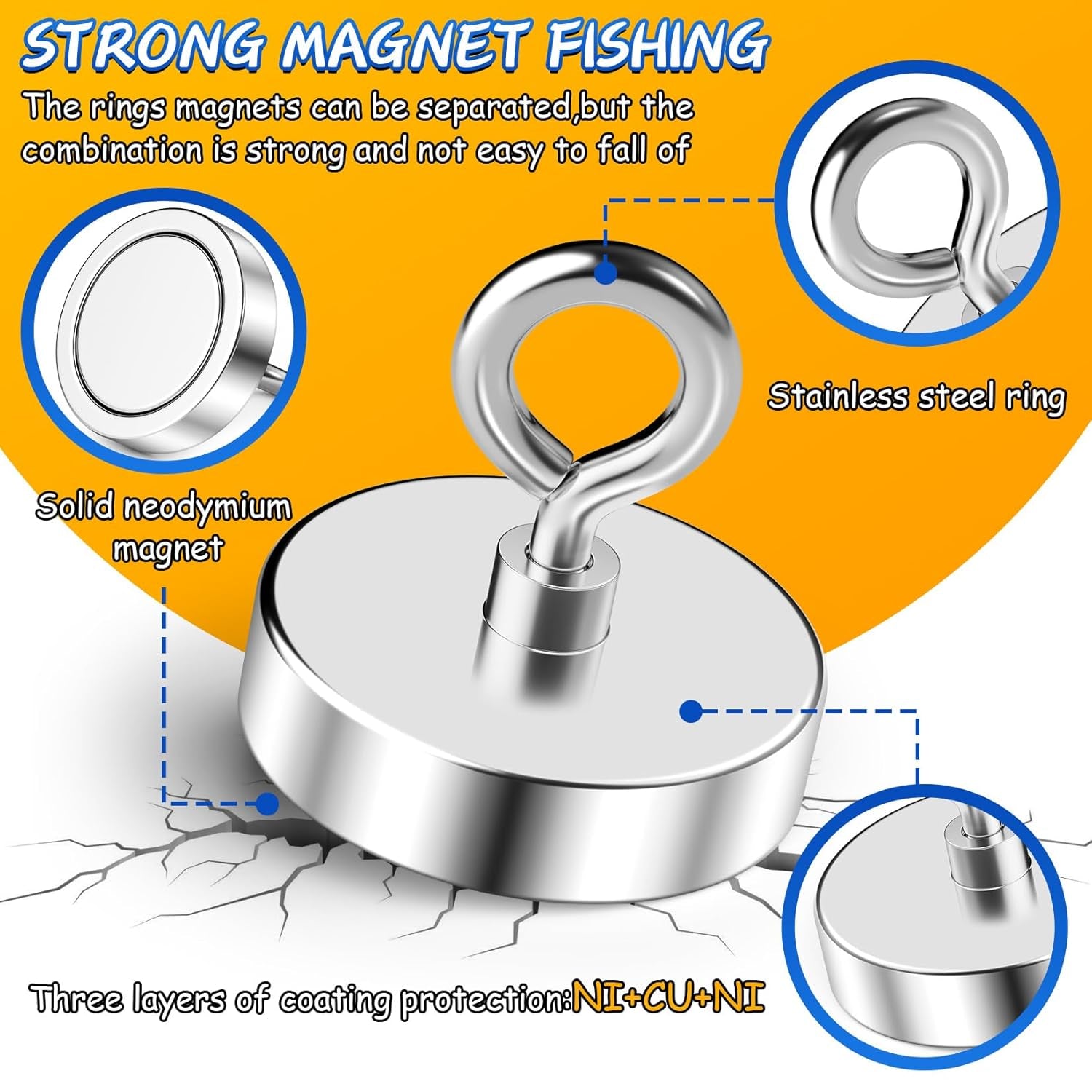 Neodymium Fishing Magnet, 200 Lbs Strong Magnet Fishing, Magnetic Fishing Magnets Heavy Duty for Remover, Super Powerful round Magnets for Retrieving Items in Lake, Beach, Lawn 1.75’’(45Mm)